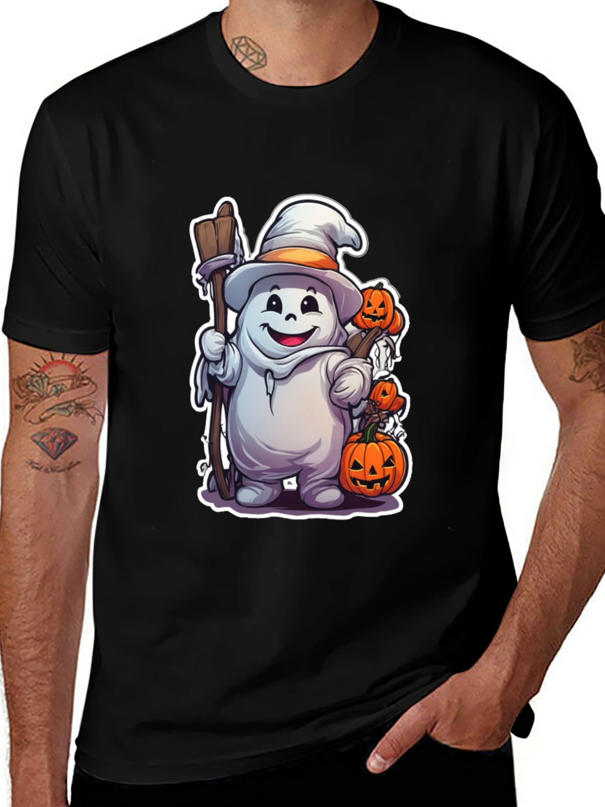 Halloween Ghost with Pumpkins Black T-shirt