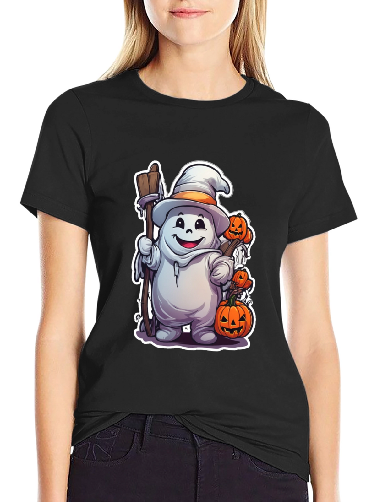 Halloween Ghost with Pumpkins Black T-shirt