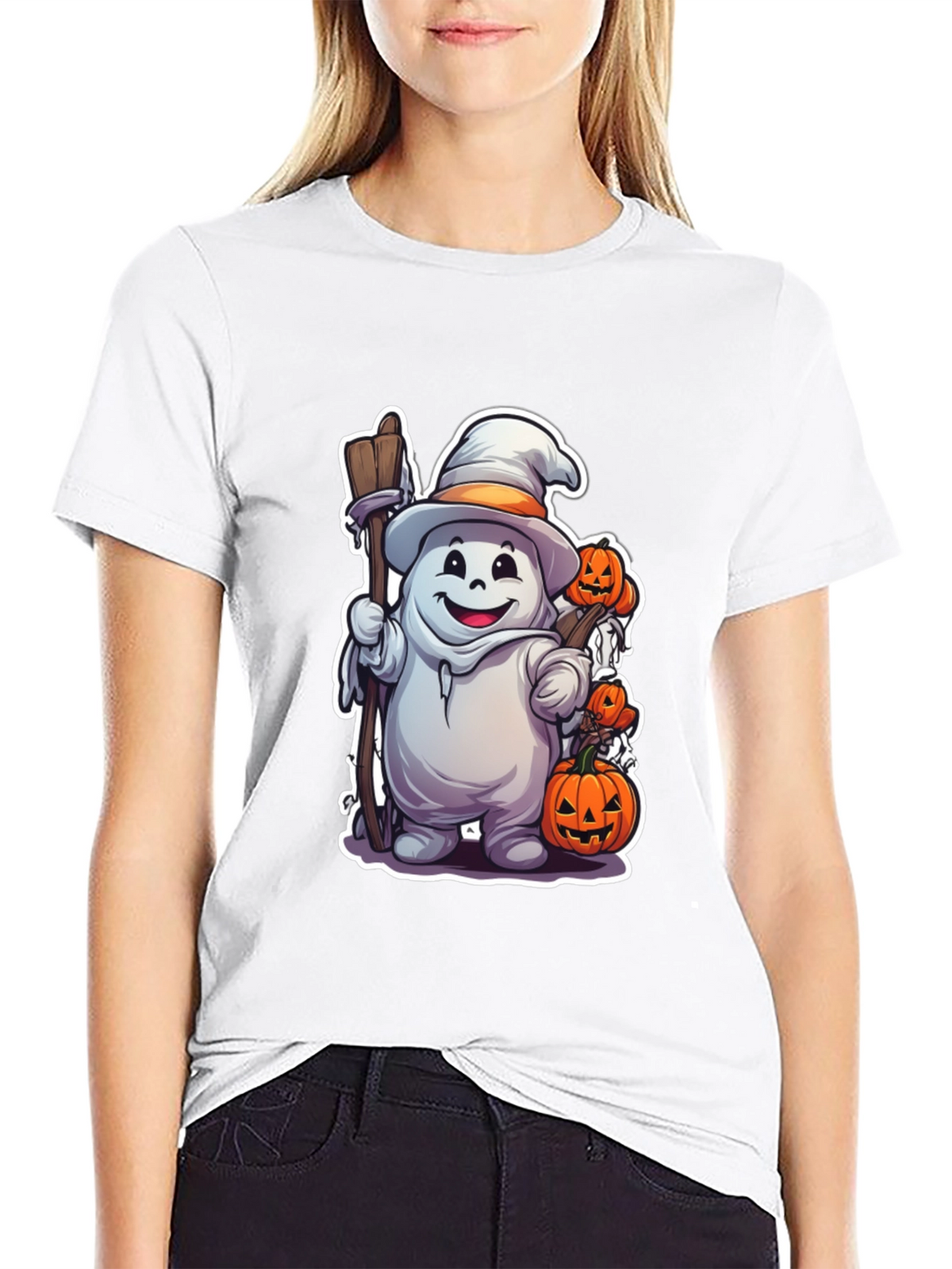 Halloween Ghost with Pumpkins Black T-shirt