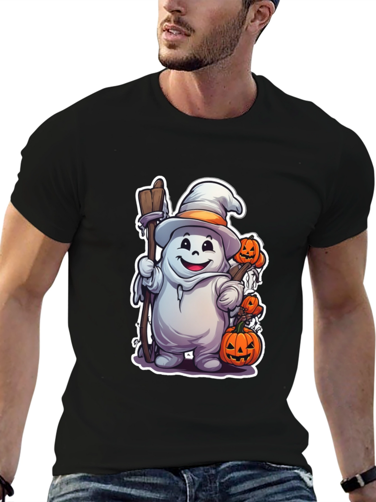 Halloween Ghost with Pumpkins Black T-shirt