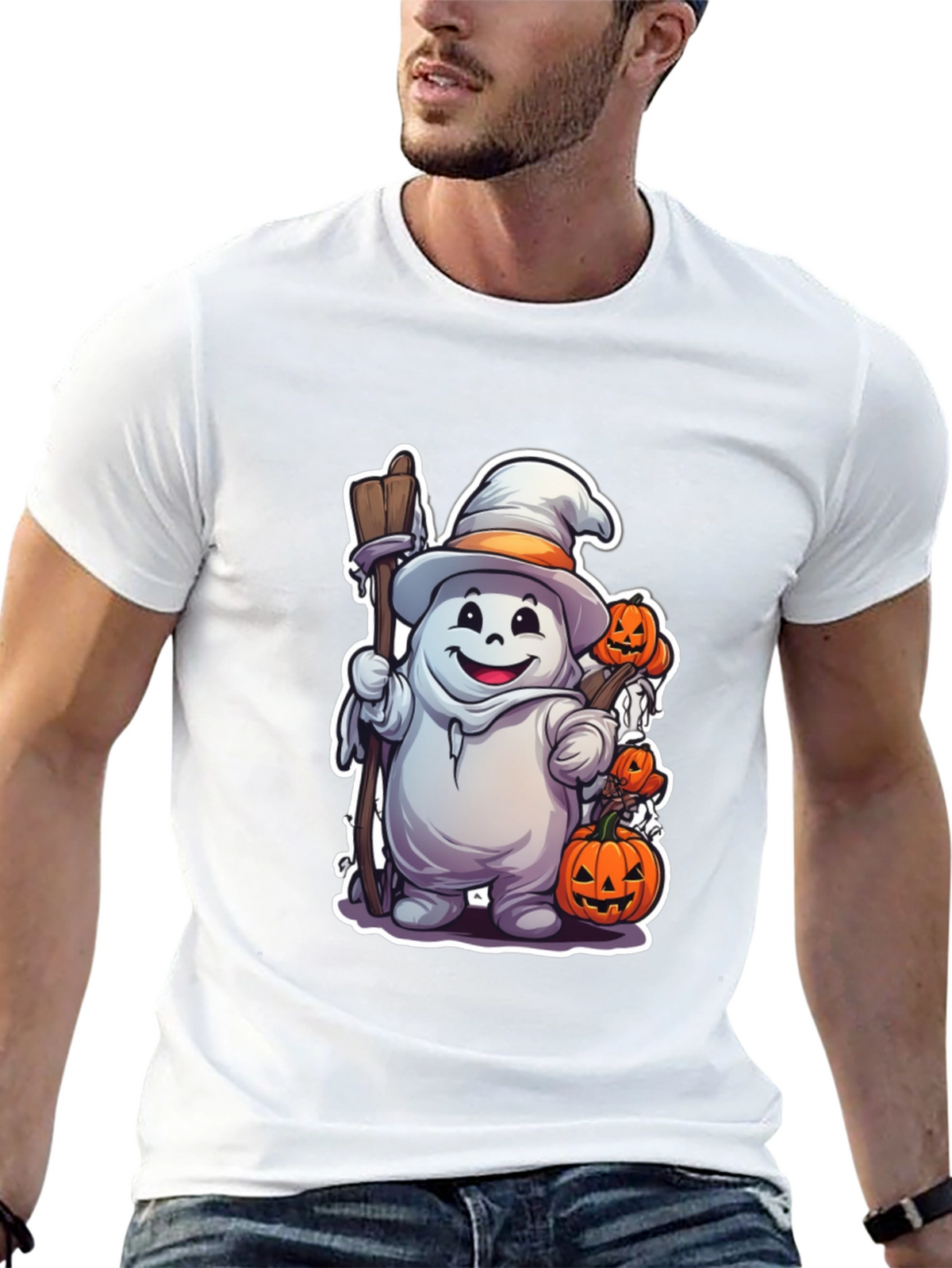 Halloween Ghost with Pumpkins Black T-shirt