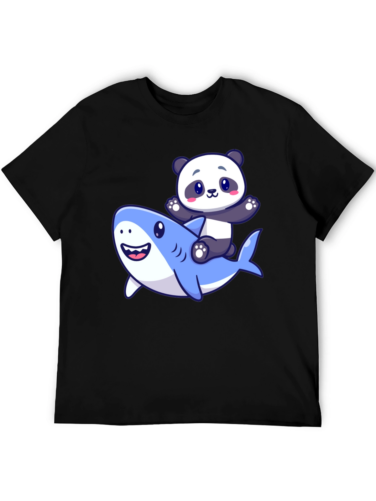 Panda Riding Shark Graphic T-Shirt - Black