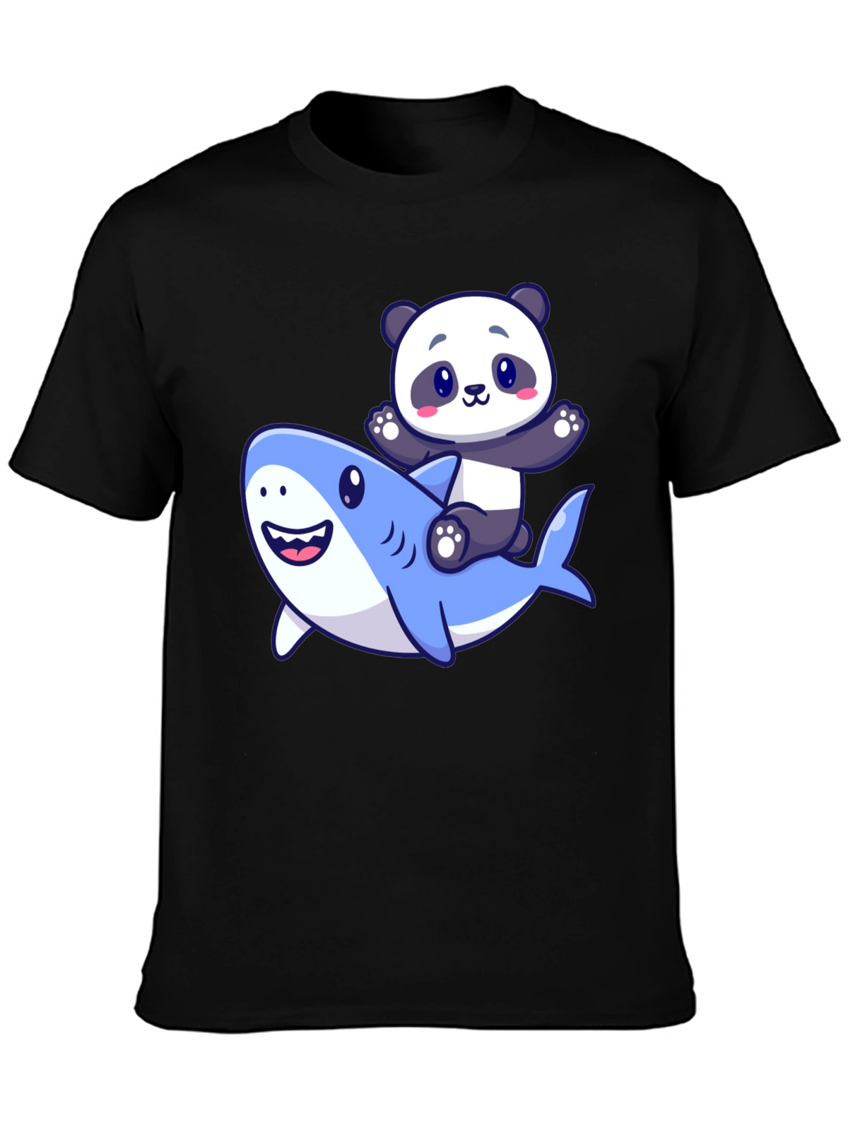 Panda Riding Shark Graphic T-Shirt - Black