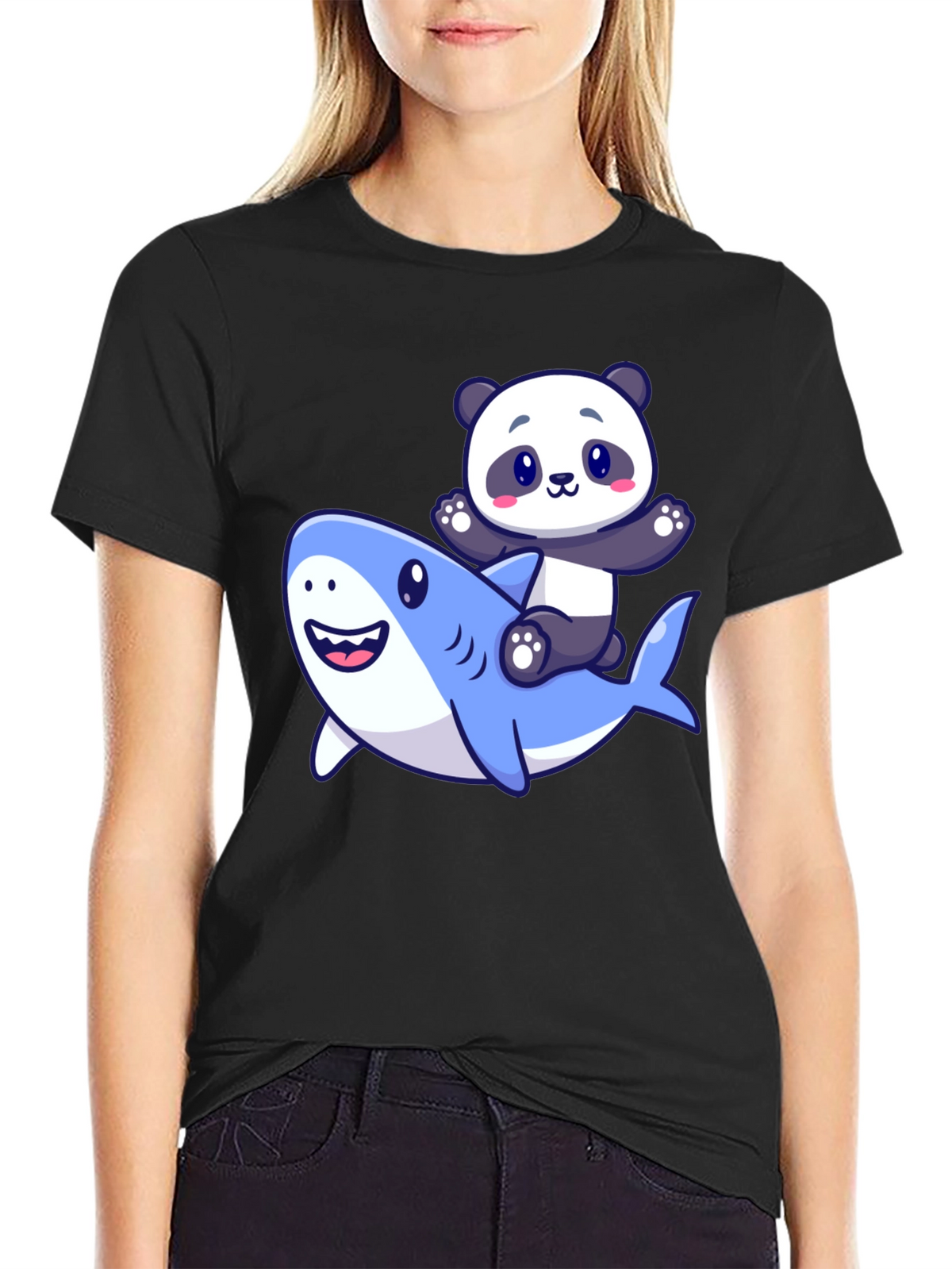 Panda Riding Shark Graphic T-Shirt - Black