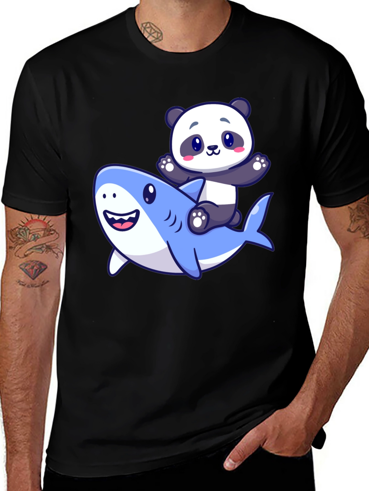 Panda Riding Shark Graphic T-Shirt - Black