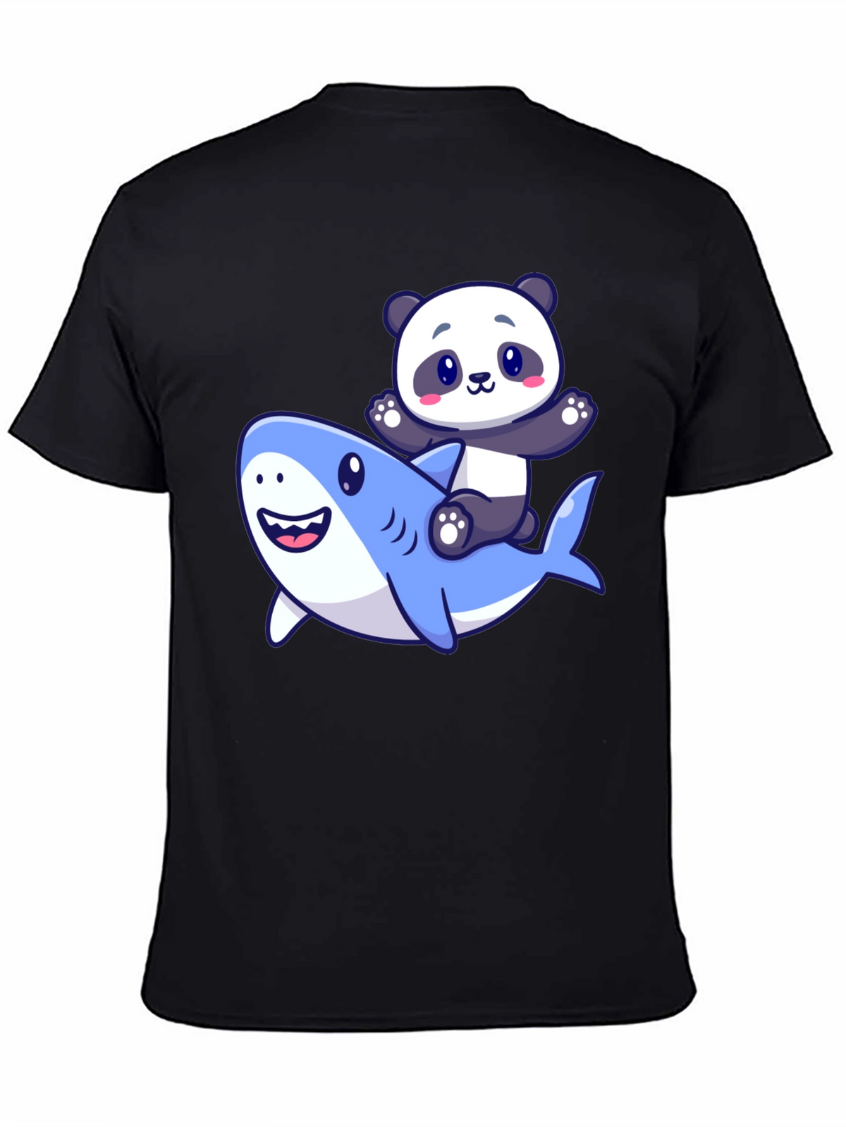 Panda Riding Shark Graphic T-Shirt - Black