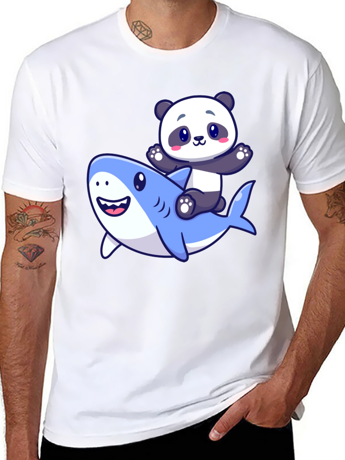 Panda Riding Shark Graphic T-Shirt - Black
