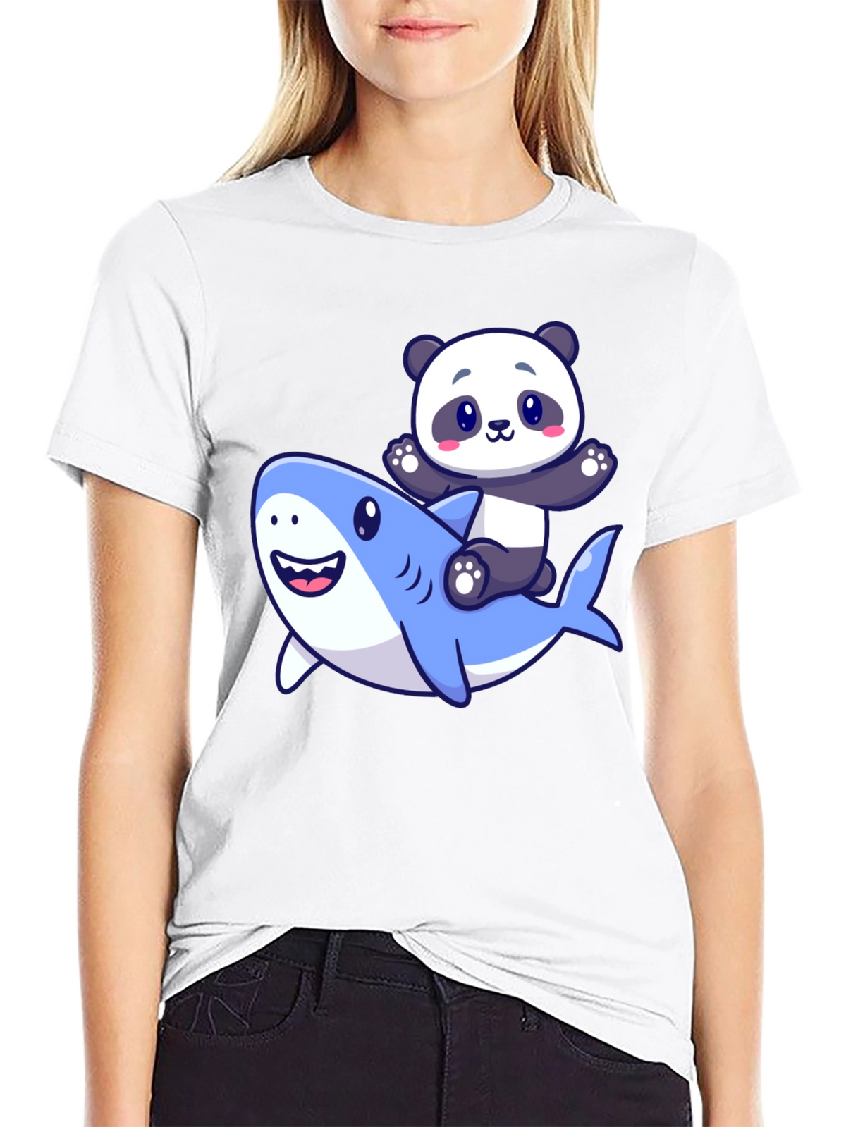 Panda Riding Shark Graphic T-Shirt - Black