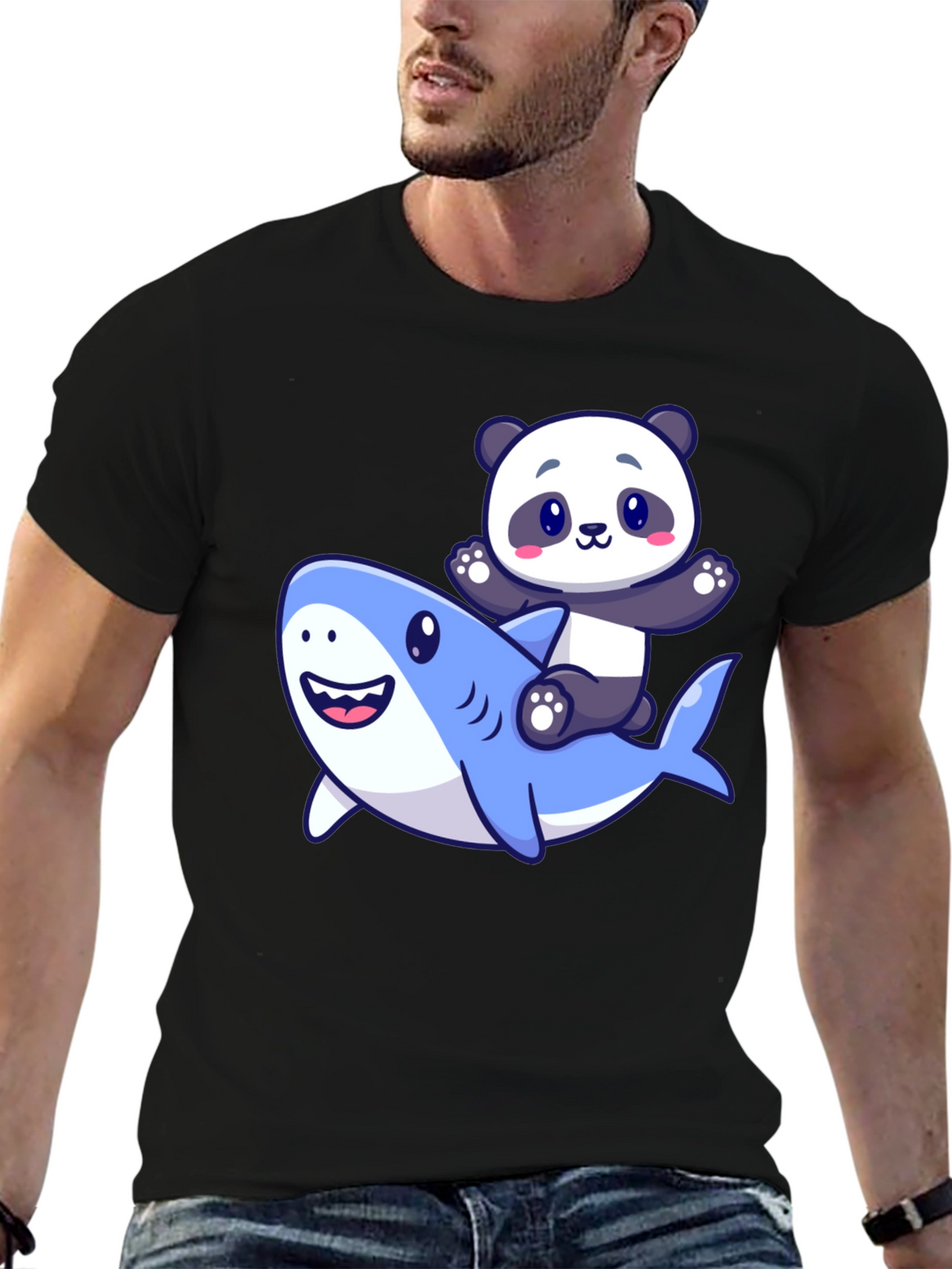 Panda Riding Shark Graphic T-Shirt - Black