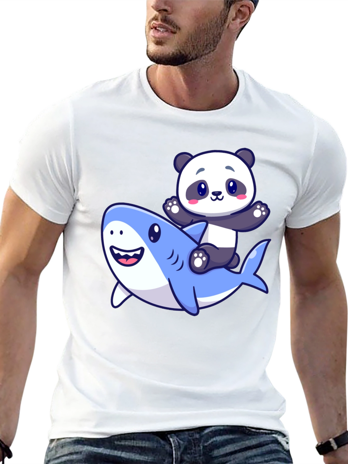 Panda Riding Shark Graphic T-Shirt - Black