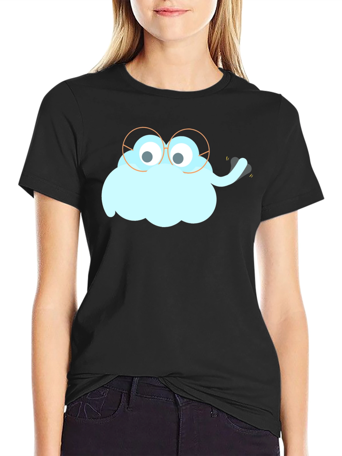 Funny Cartoon Cloud with Glasses Black T-Shirt