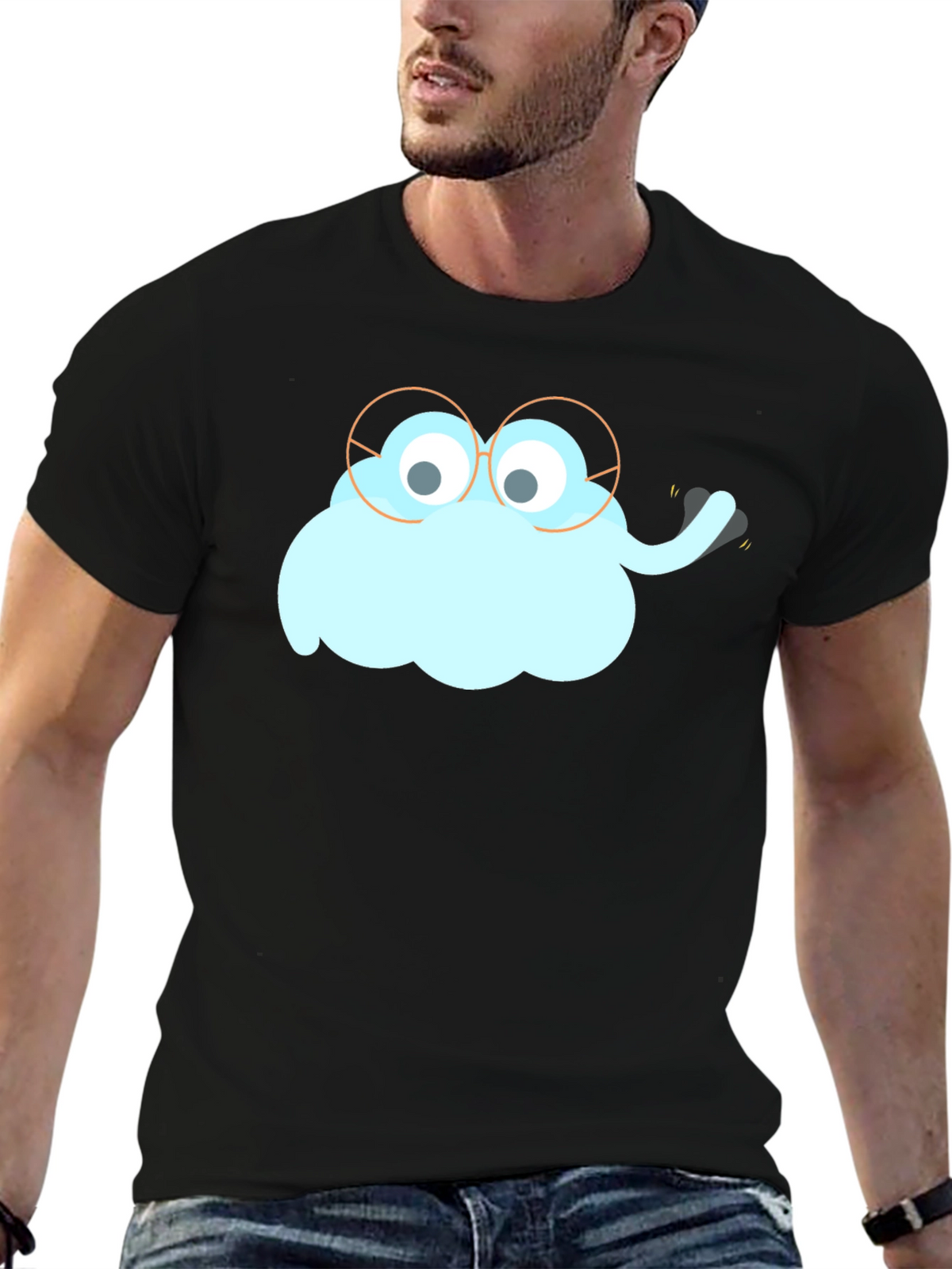 Funny Cartoon Cloud with Glasses Black T-Shirt