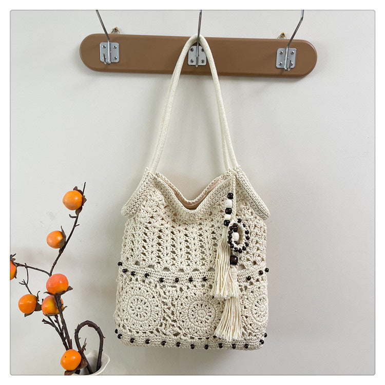 Chic Large Capacity Knitted Beach Tote with Tassel Design