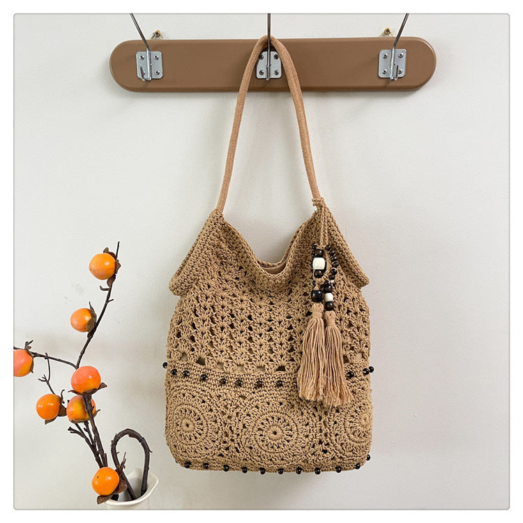 Chic Large Capacity Knitted Beach Tote with Tassel Design