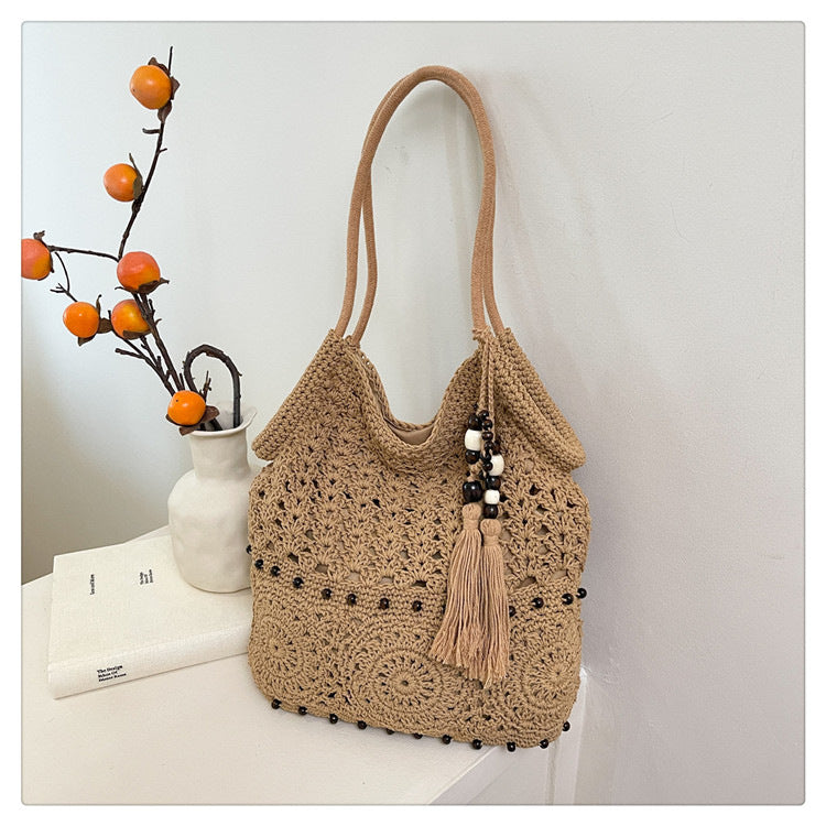 Chic Large Capacity Knitted Beach Tote with Tassel Design