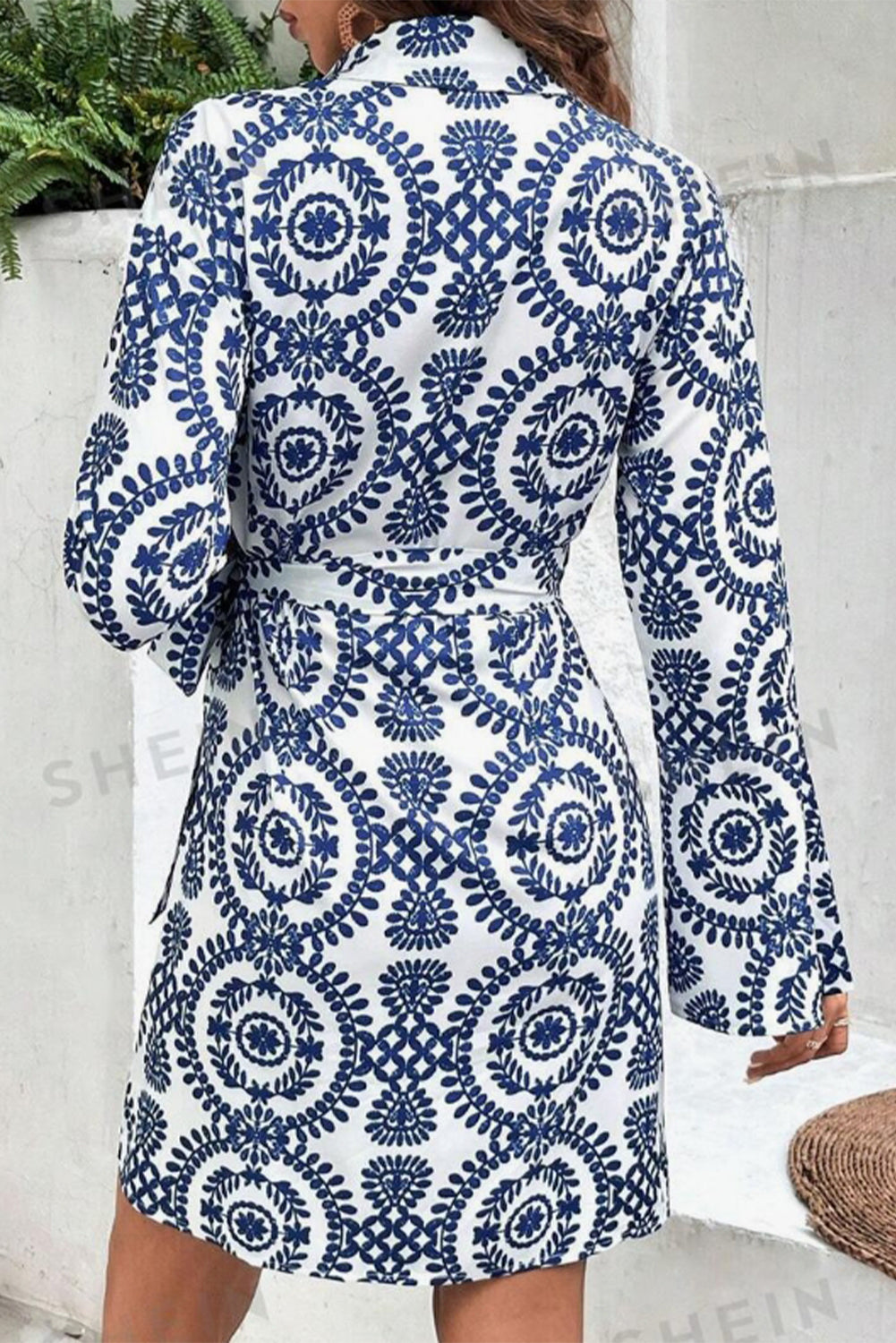 Blue Floral Print V Neck Wrapped Knot Long Sleeve Dress