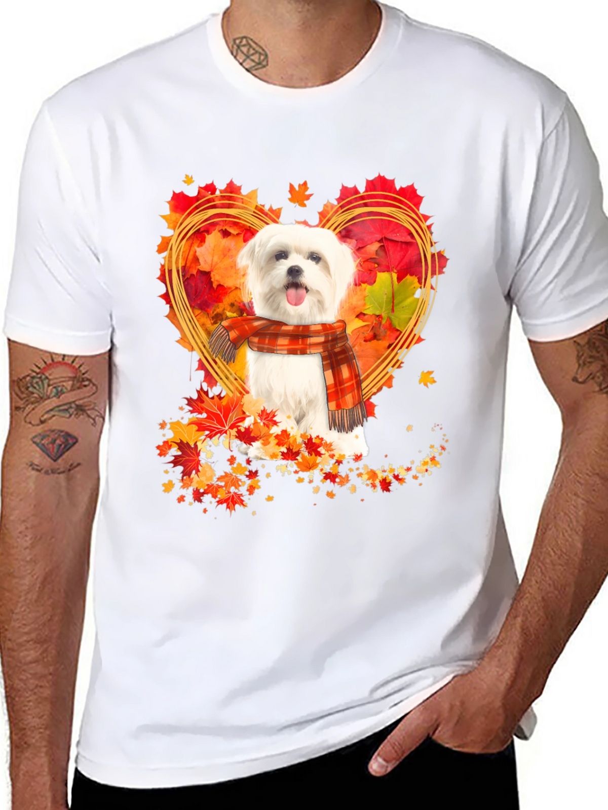 Fall Maltese Dog Heart Leaves T-Shirt