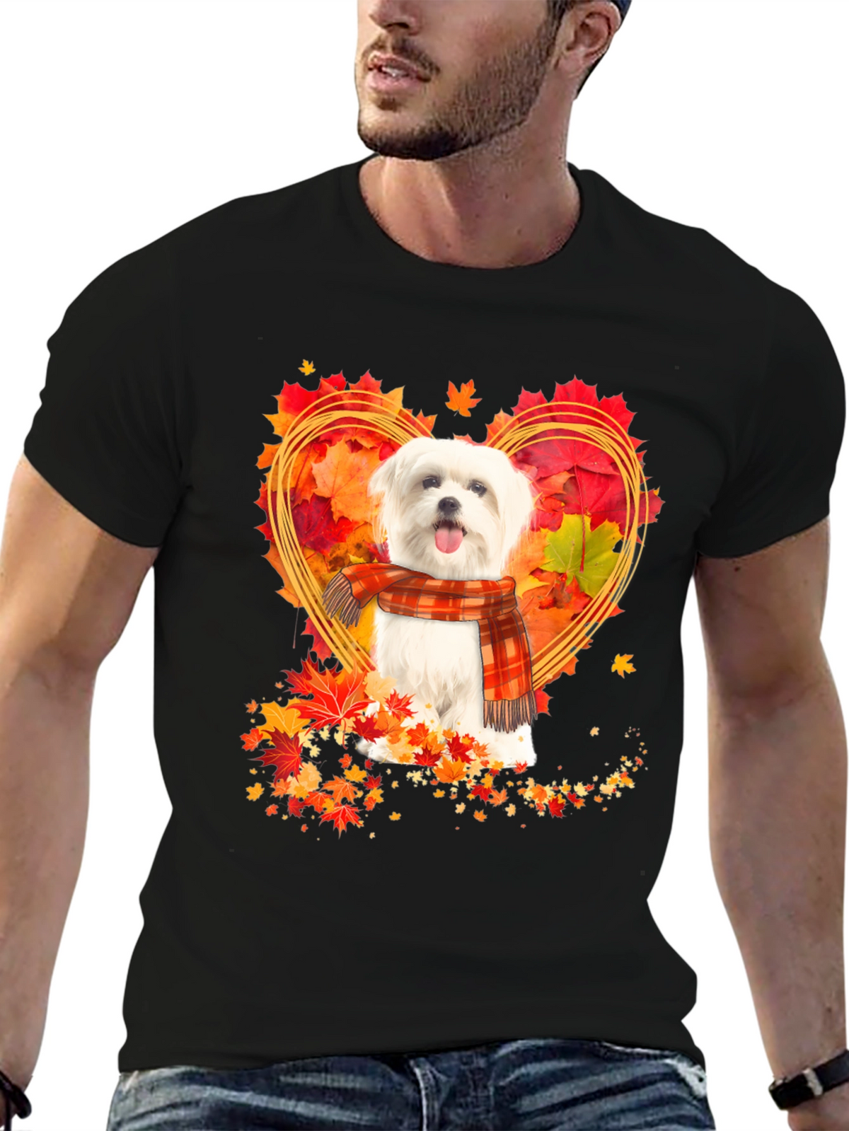 Fall Maltese Dog Heart Leaves T-Shirt