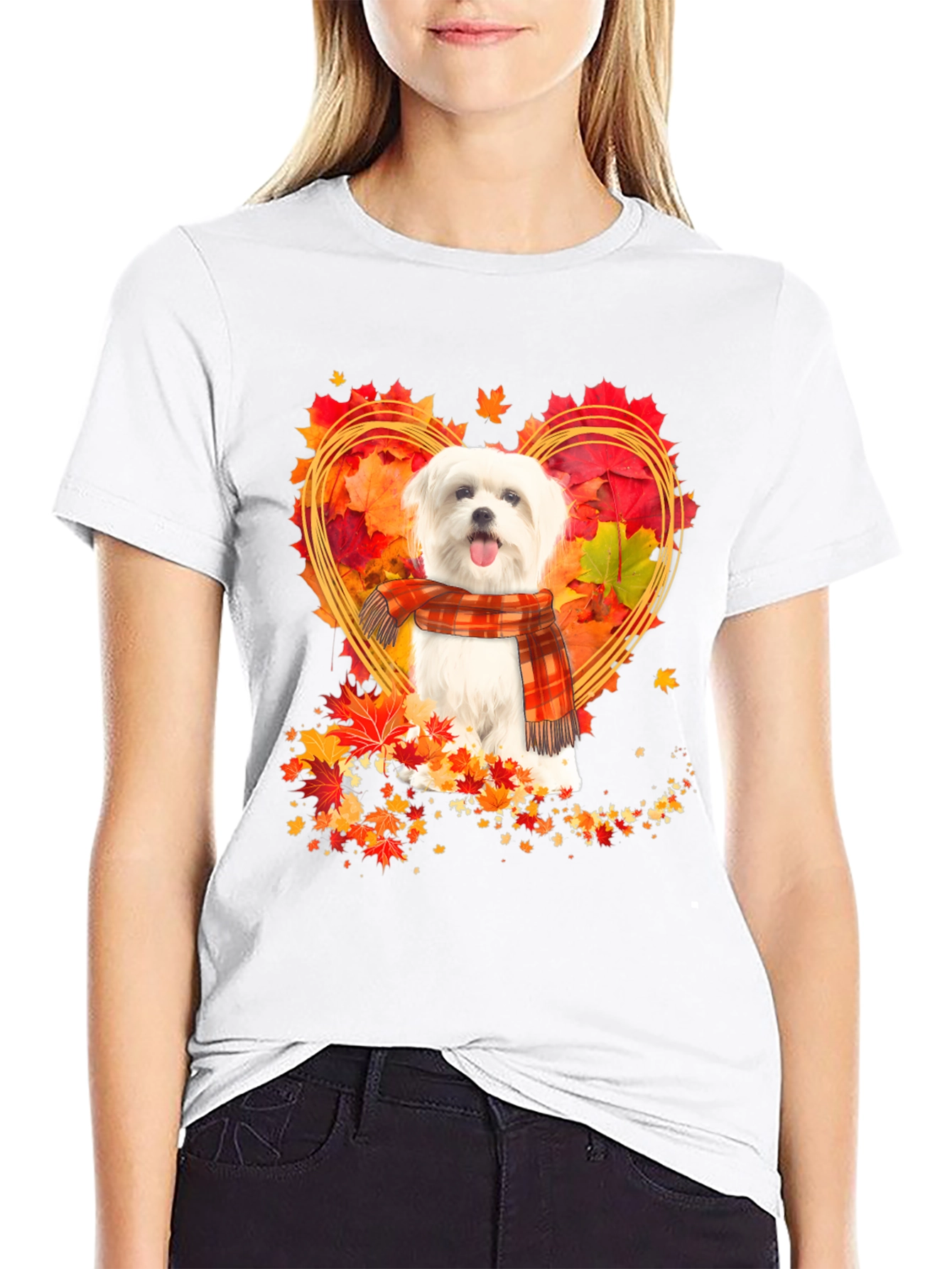 Fall Maltese Dog Heart Leaves T-Shirt