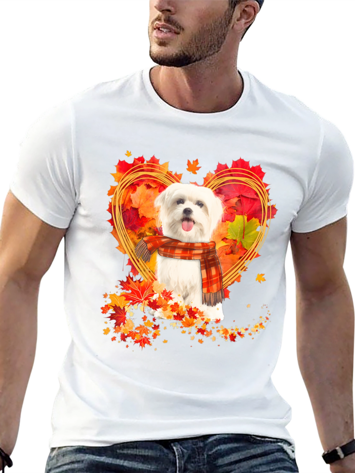 Fall Maltese Dog Heart Leaves T-Shirt