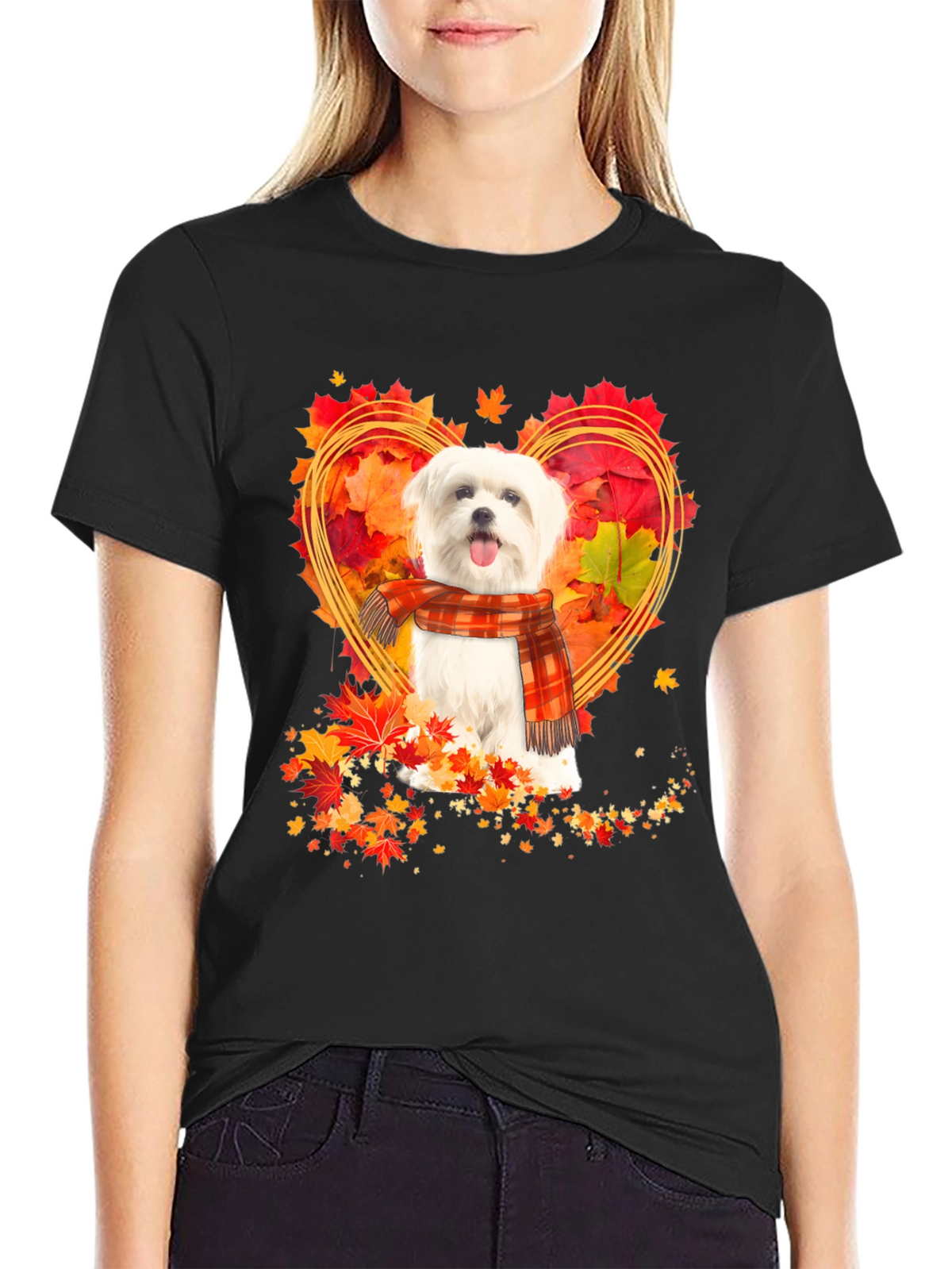 Fall Maltese Dog Heart Leaves T-Shirt