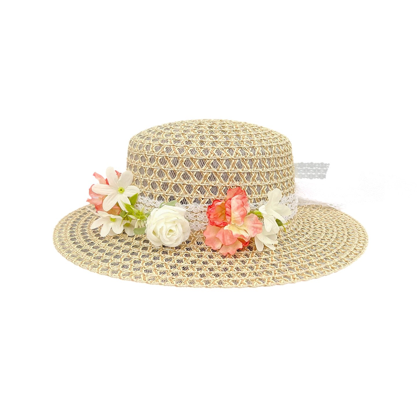 Straw Flat-Top Hat with Floral Decoration and Lace Ribbon
