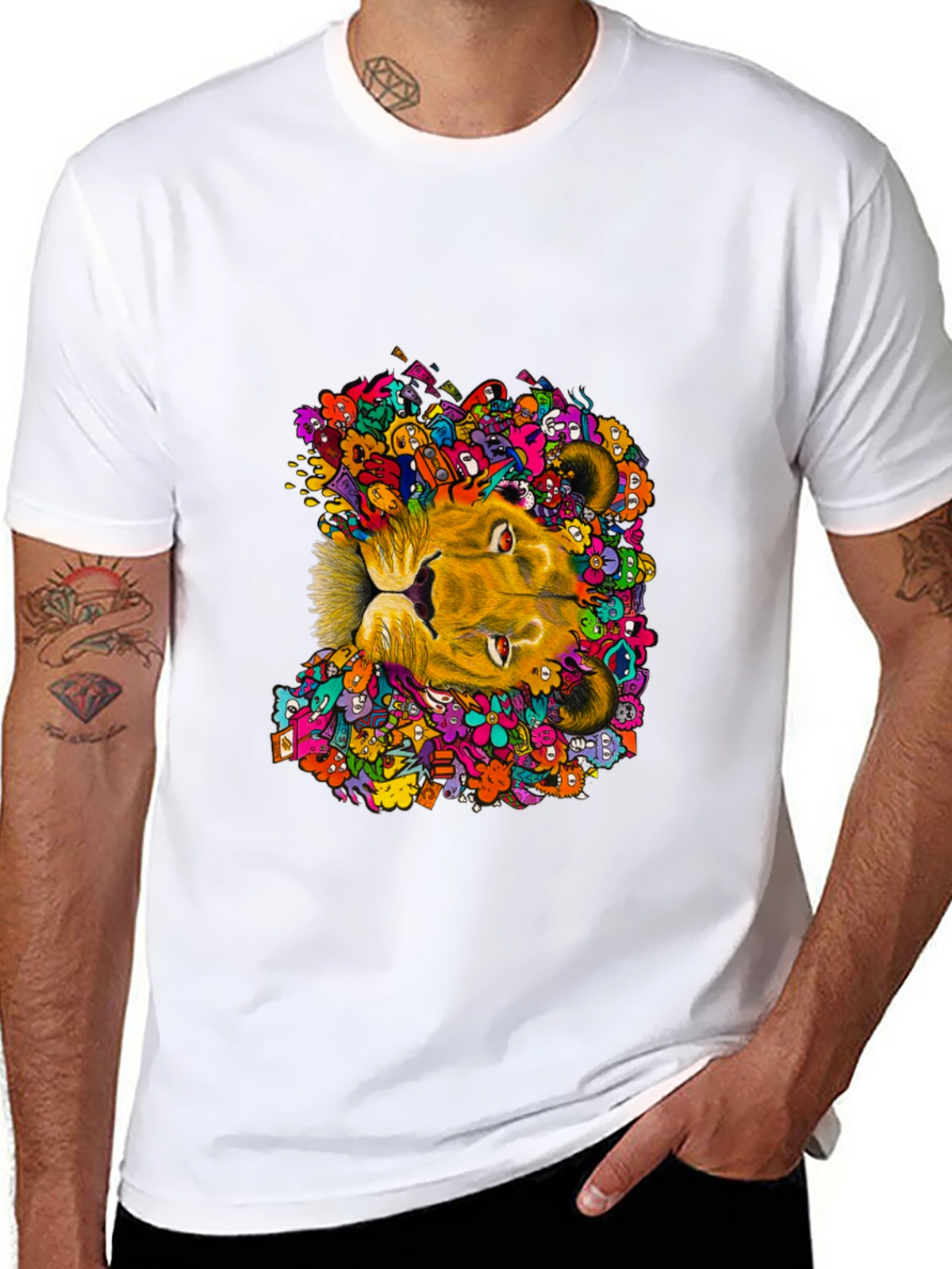 Lion Doodle Graphic Tee - Black Cotton T-Shirt