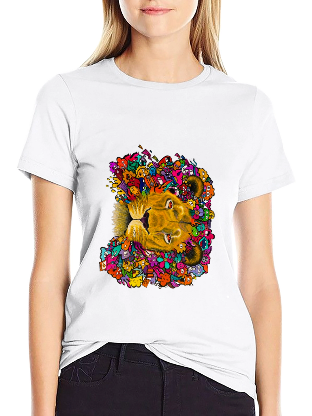 Lion Doodle Graphic Tee - Black Cotton T-Shirt
