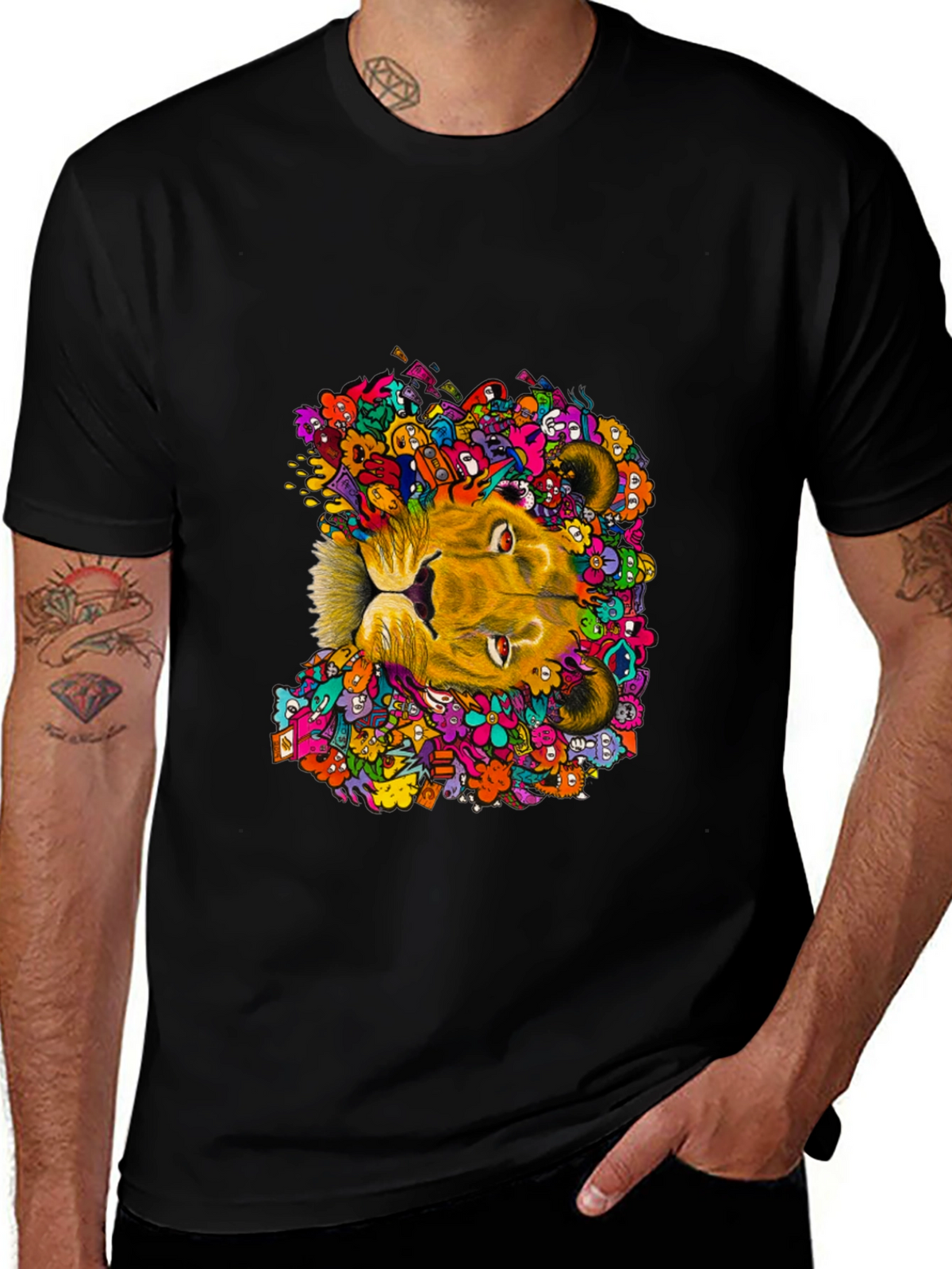 Lion Doodle Graphic Tee - Black Cotton T-Shirt