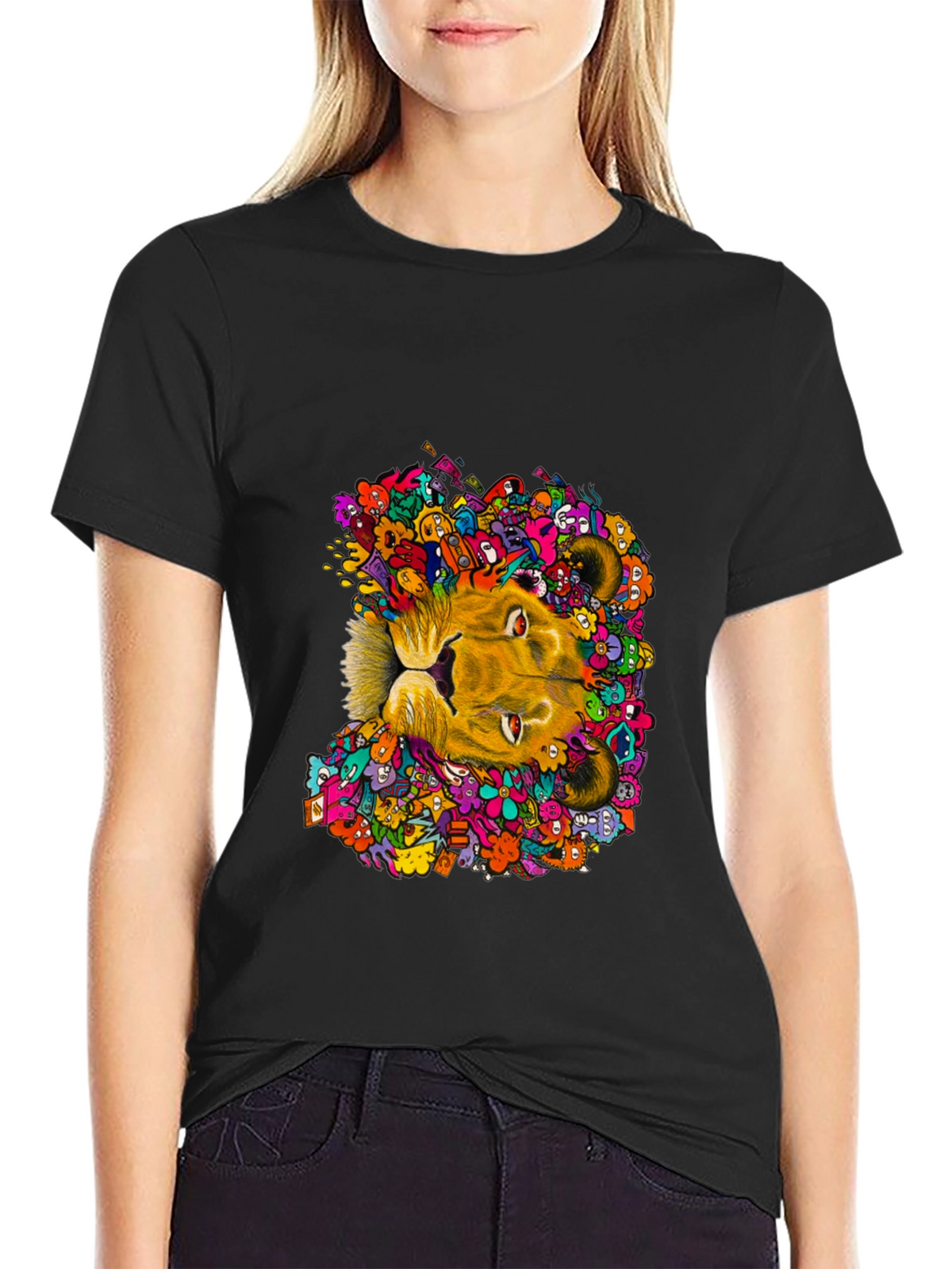 Lion Doodle Graphic Tee - Black Cotton T-Shirt