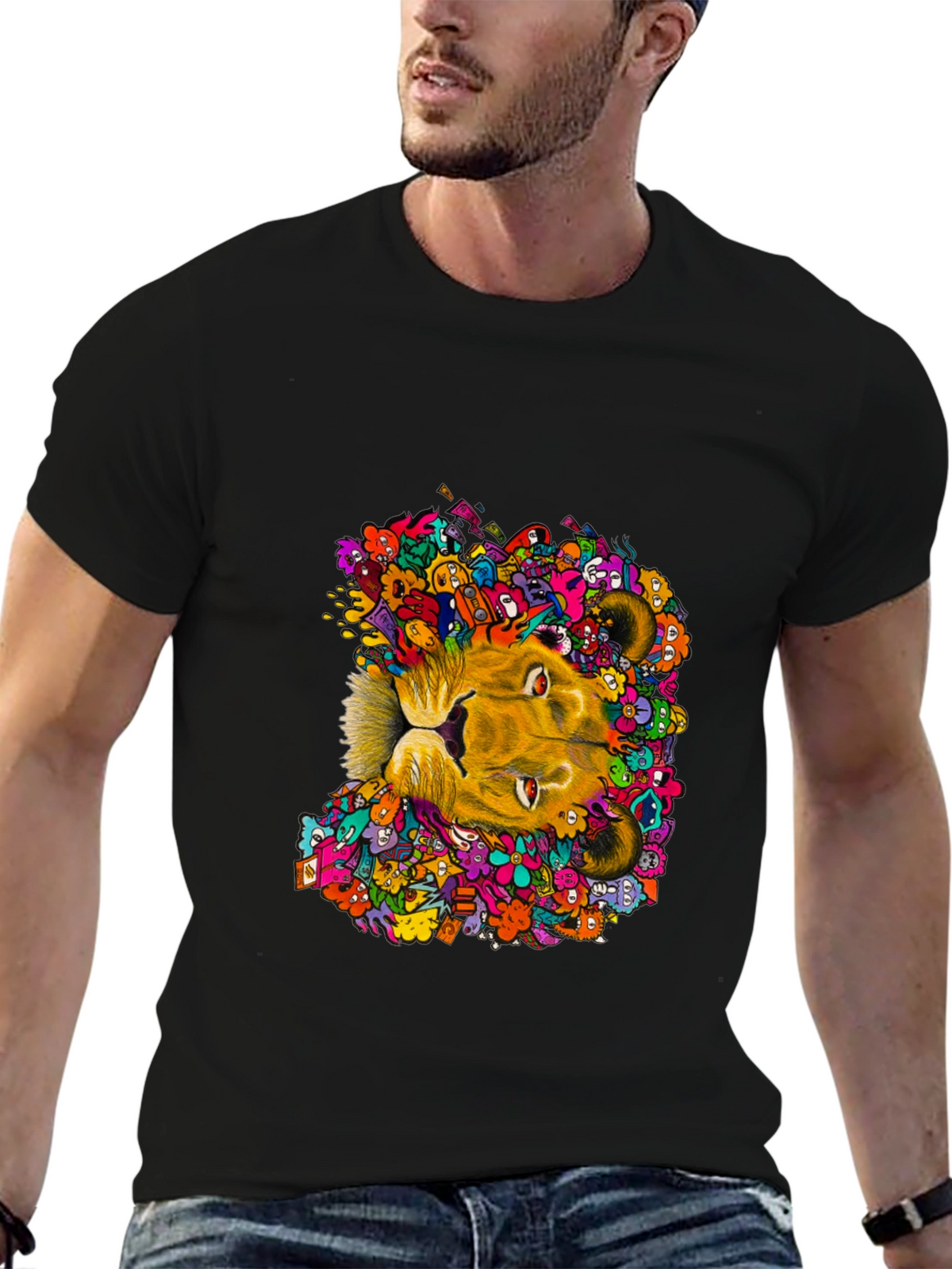 Lion Doodle Graphic Tee - Black Cotton T-Shirt