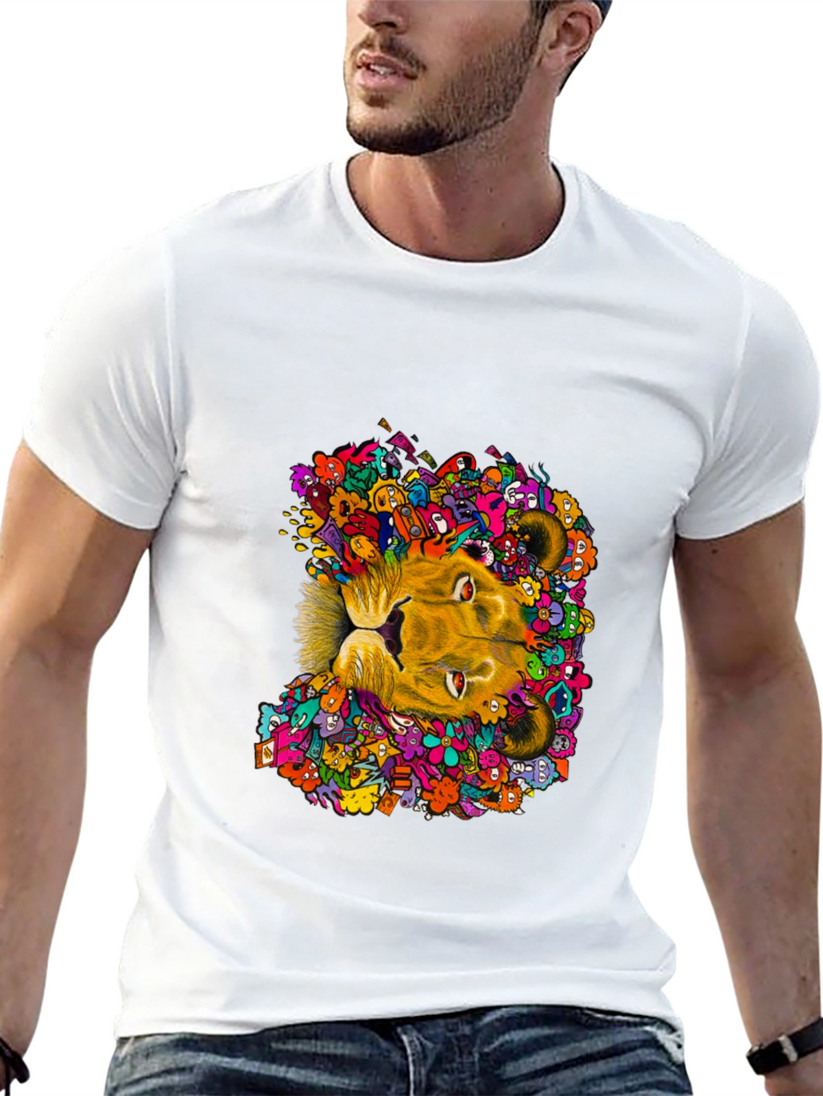 Lion Doodle Graphic Tee - Black Cotton T-Shirt