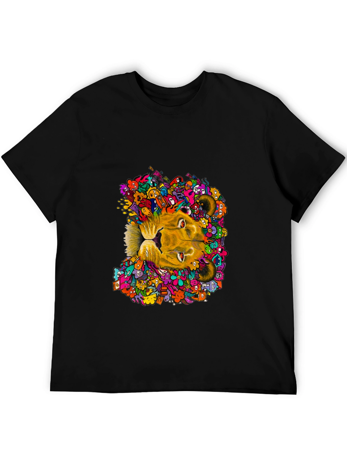 Lion Doodle Graphic Tee - Black Cotton T-Shirt