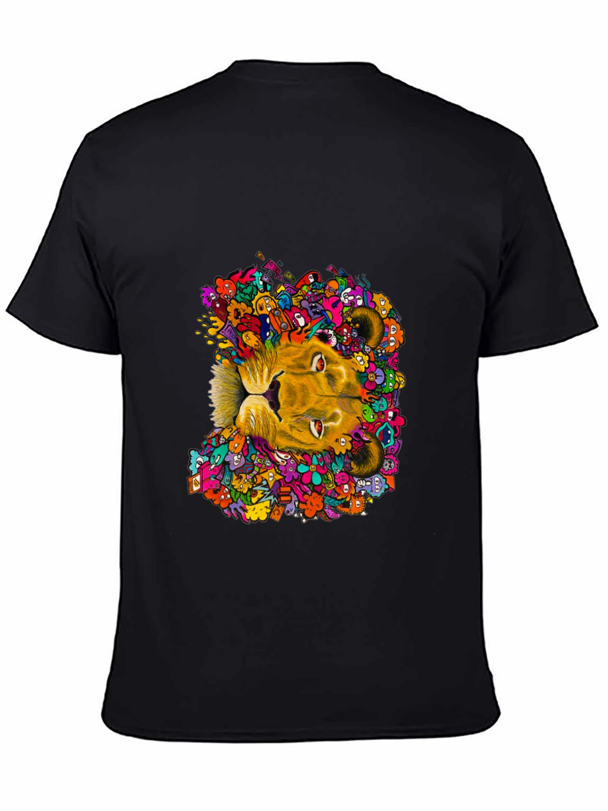 Lion Doodle Graphic Tee - Black Cotton T-Shirt