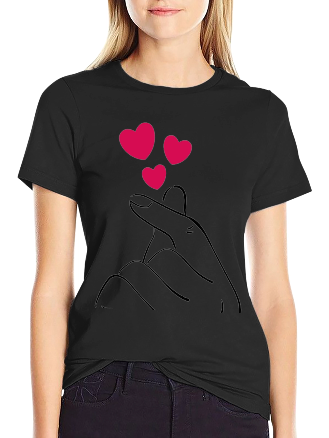 Black T-Shirt with Heart Finger Design