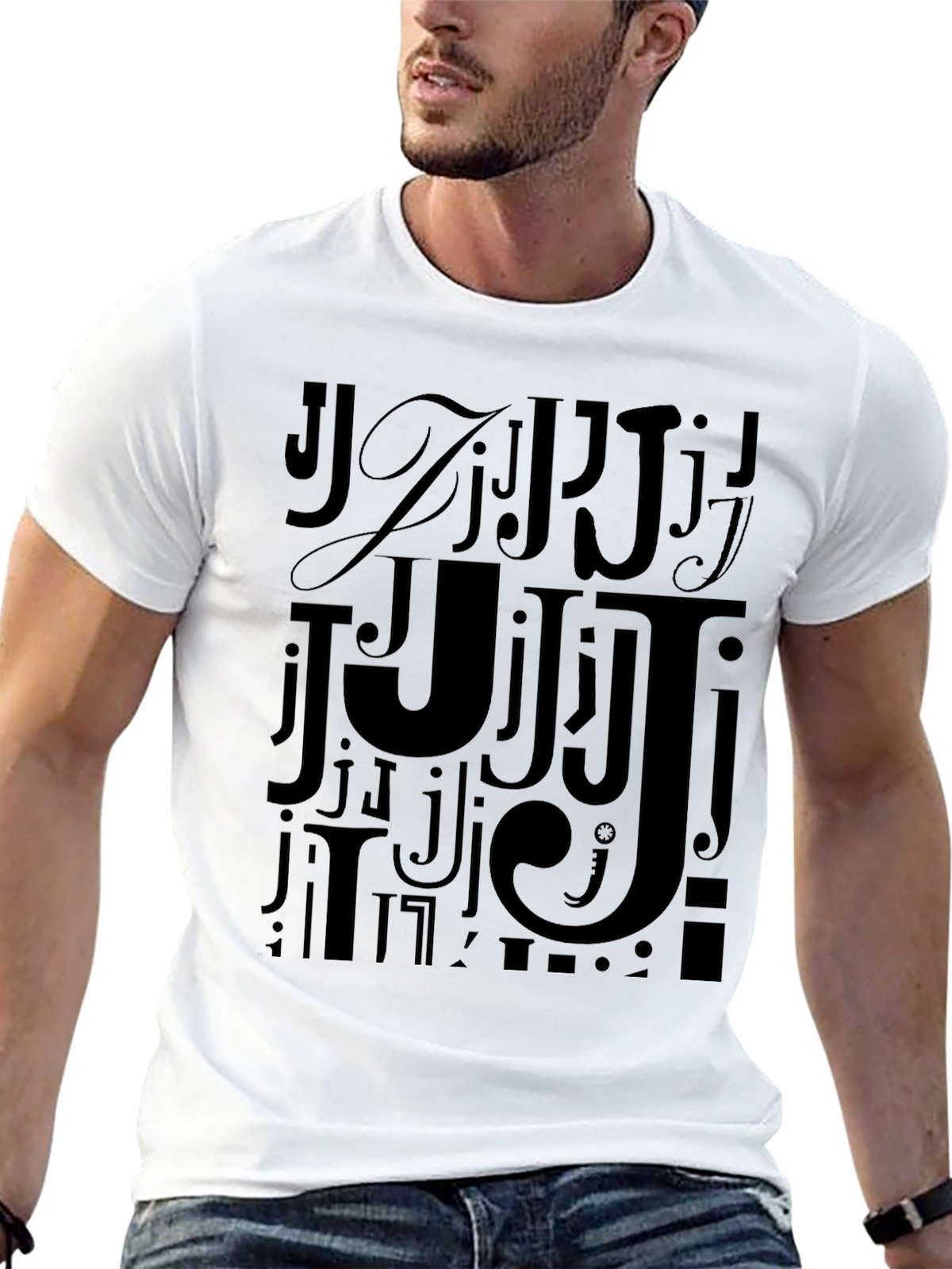 Mens Black J Letter Print Graphic Tee