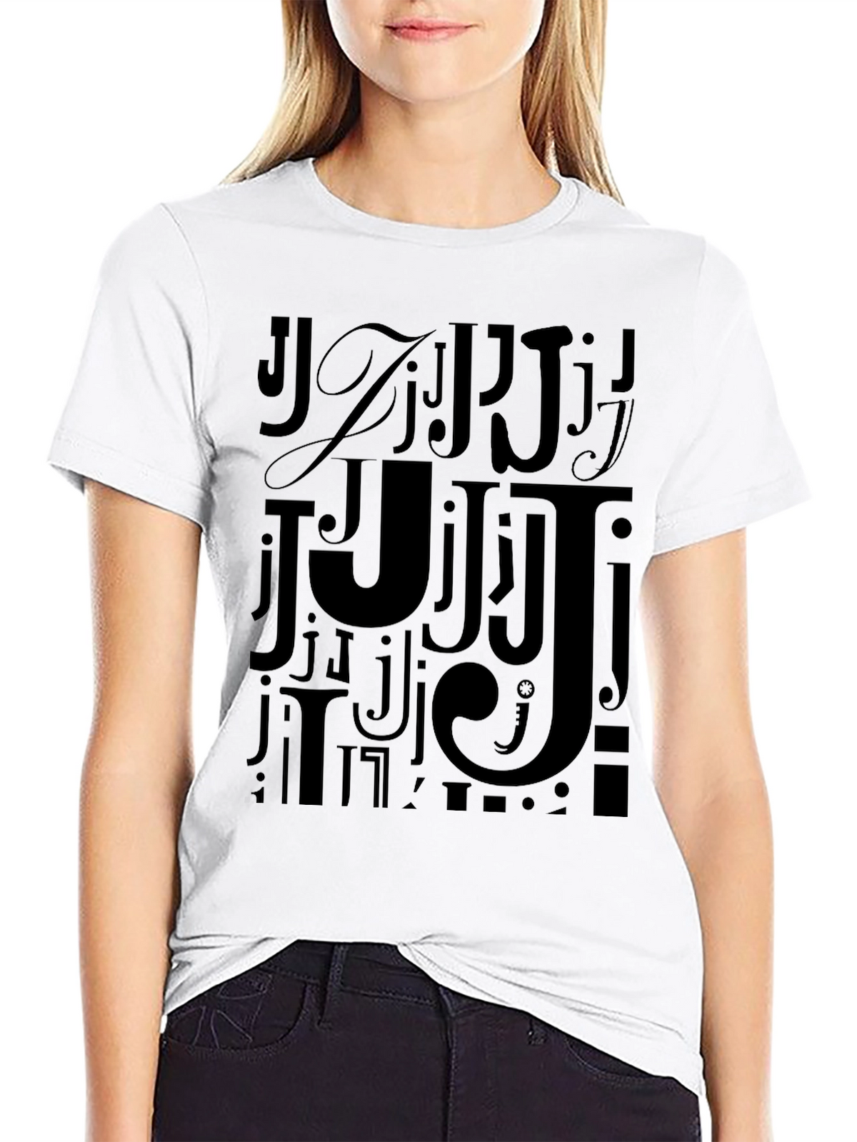 Mens Black J Letter Print Graphic Tee