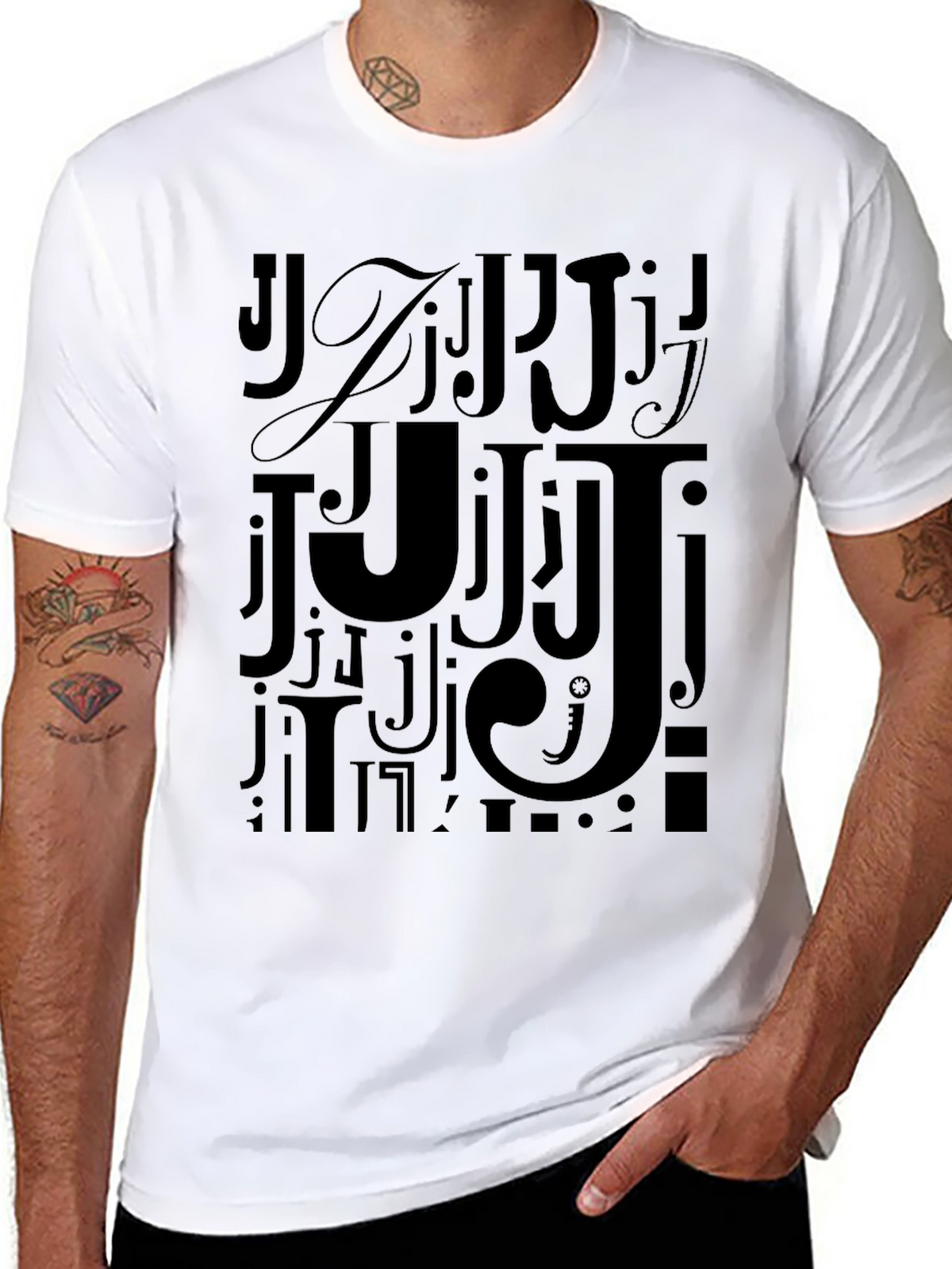 Mens Black J Letter Print Graphic Tee