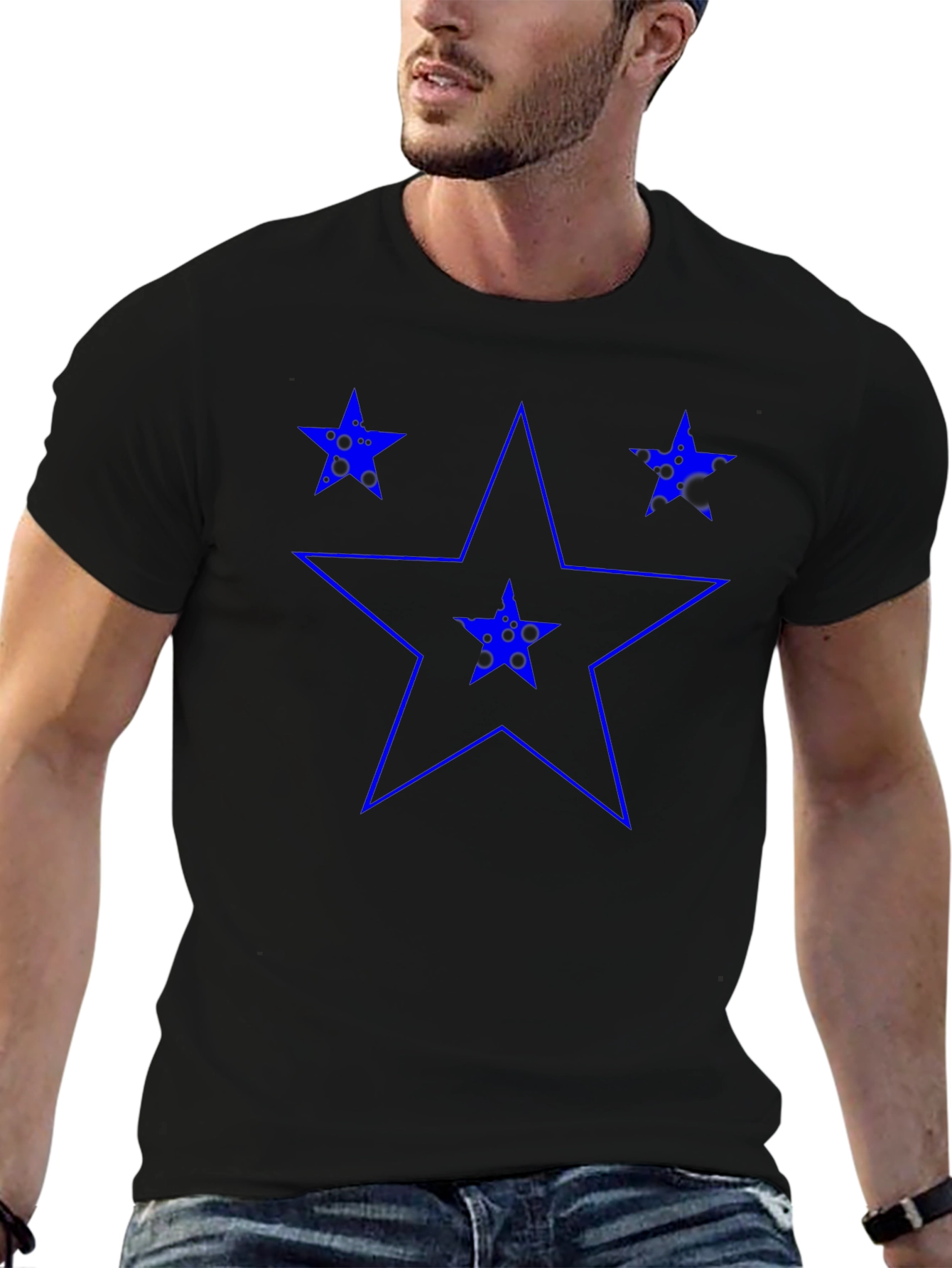 Blue Star Graphic Print Black T-Shirt