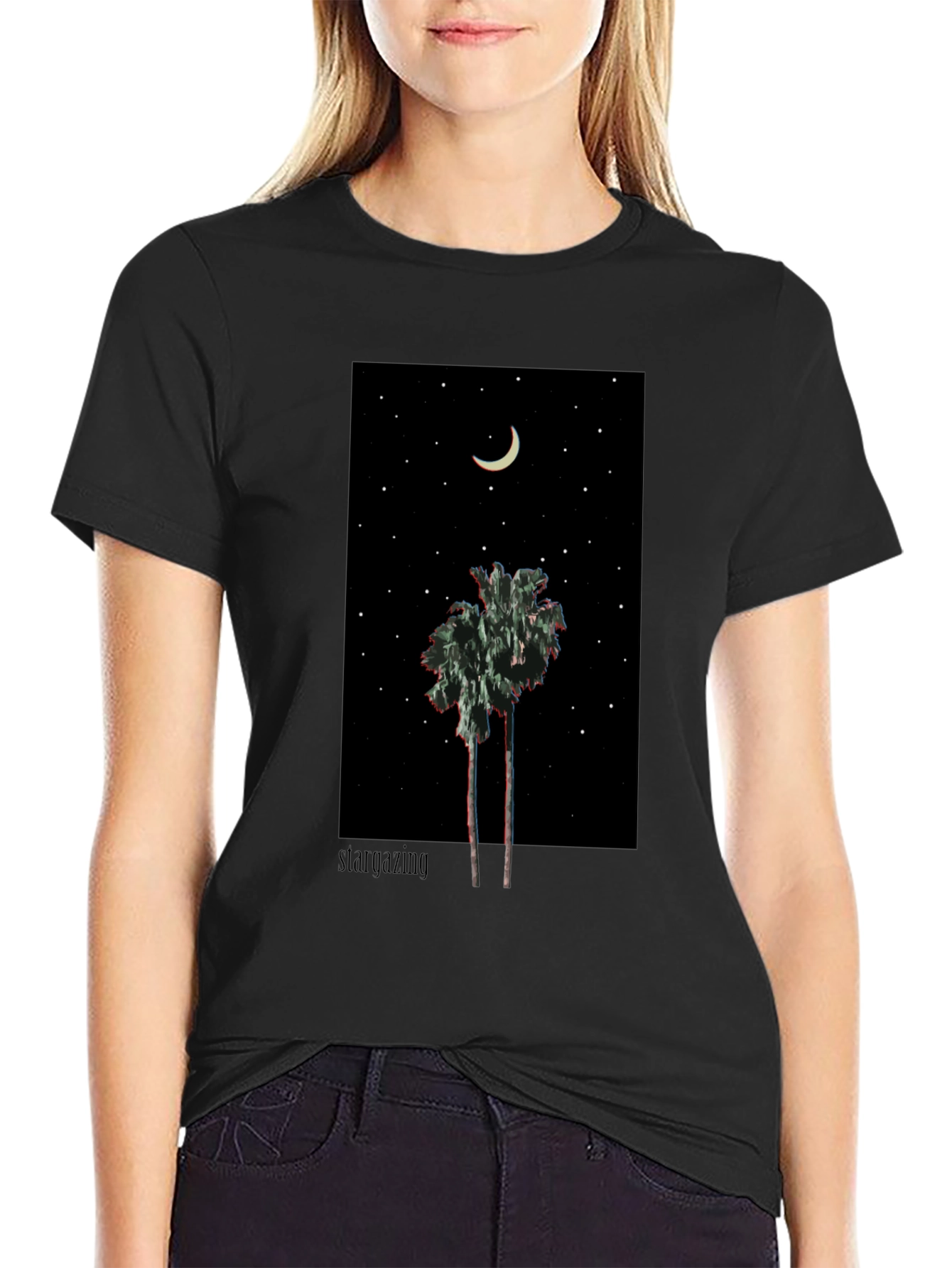 Starry Night Palm Tree Graphic Tee - Black