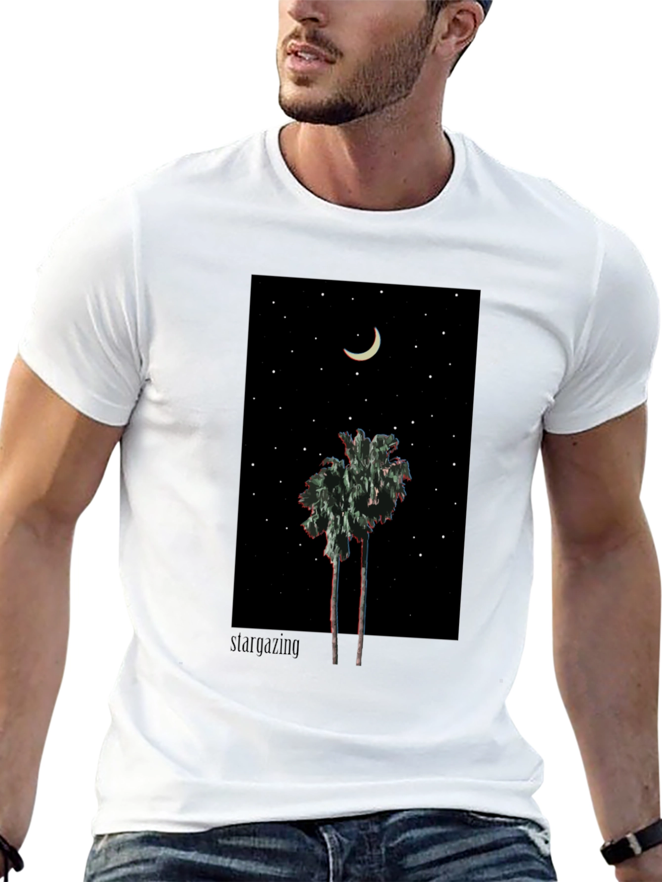 Starry Night Palm Tree Graphic Tee - Black