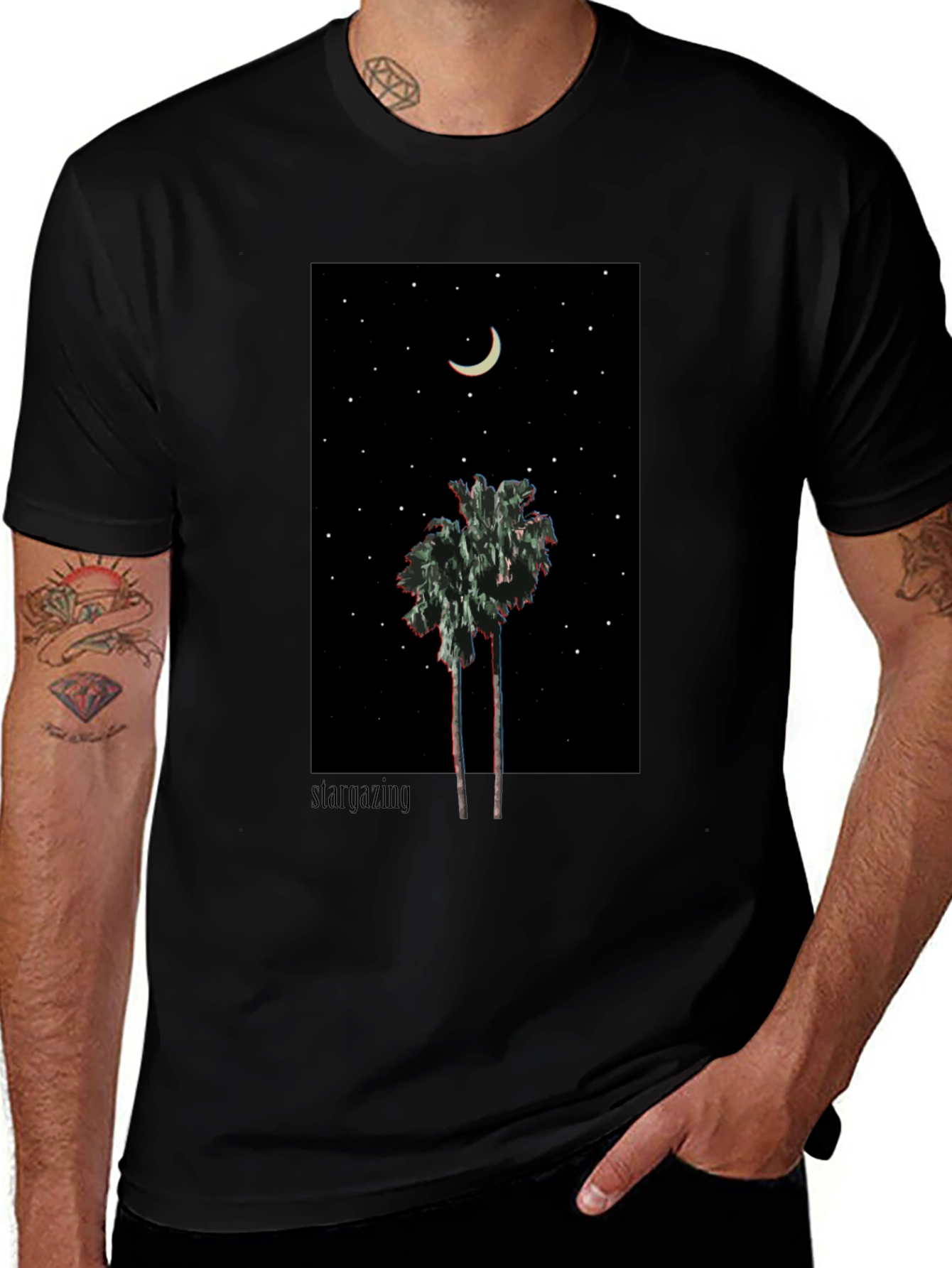 Starry Night Palm Tree Graphic Tee - Black
