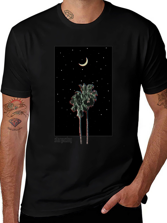 Starry Night Palm Tree Graphic Tee - Black