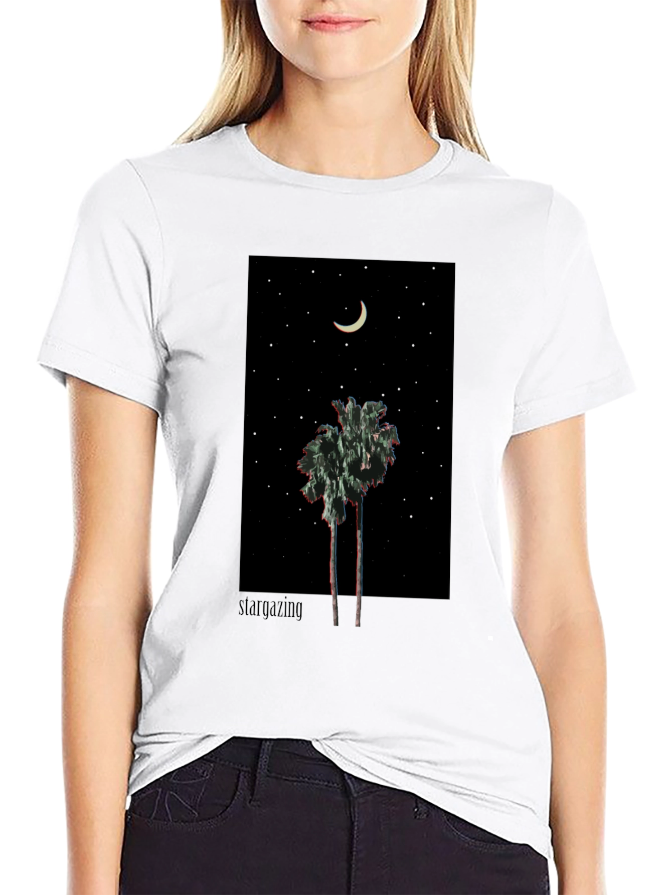 Starry Night Palm Tree Graphic Tee - Black