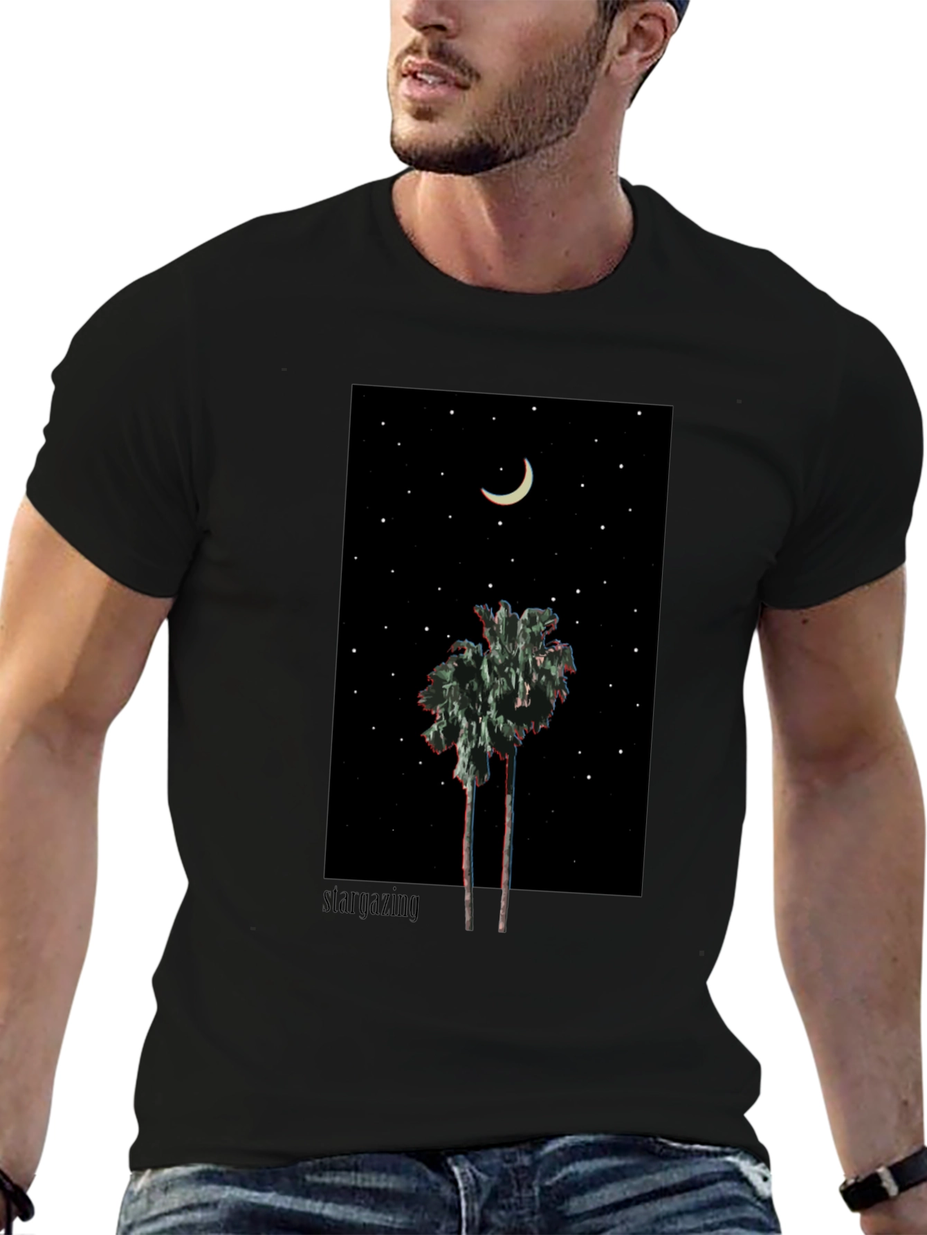 Starry Night Palm Tree Graphic Tee - Black