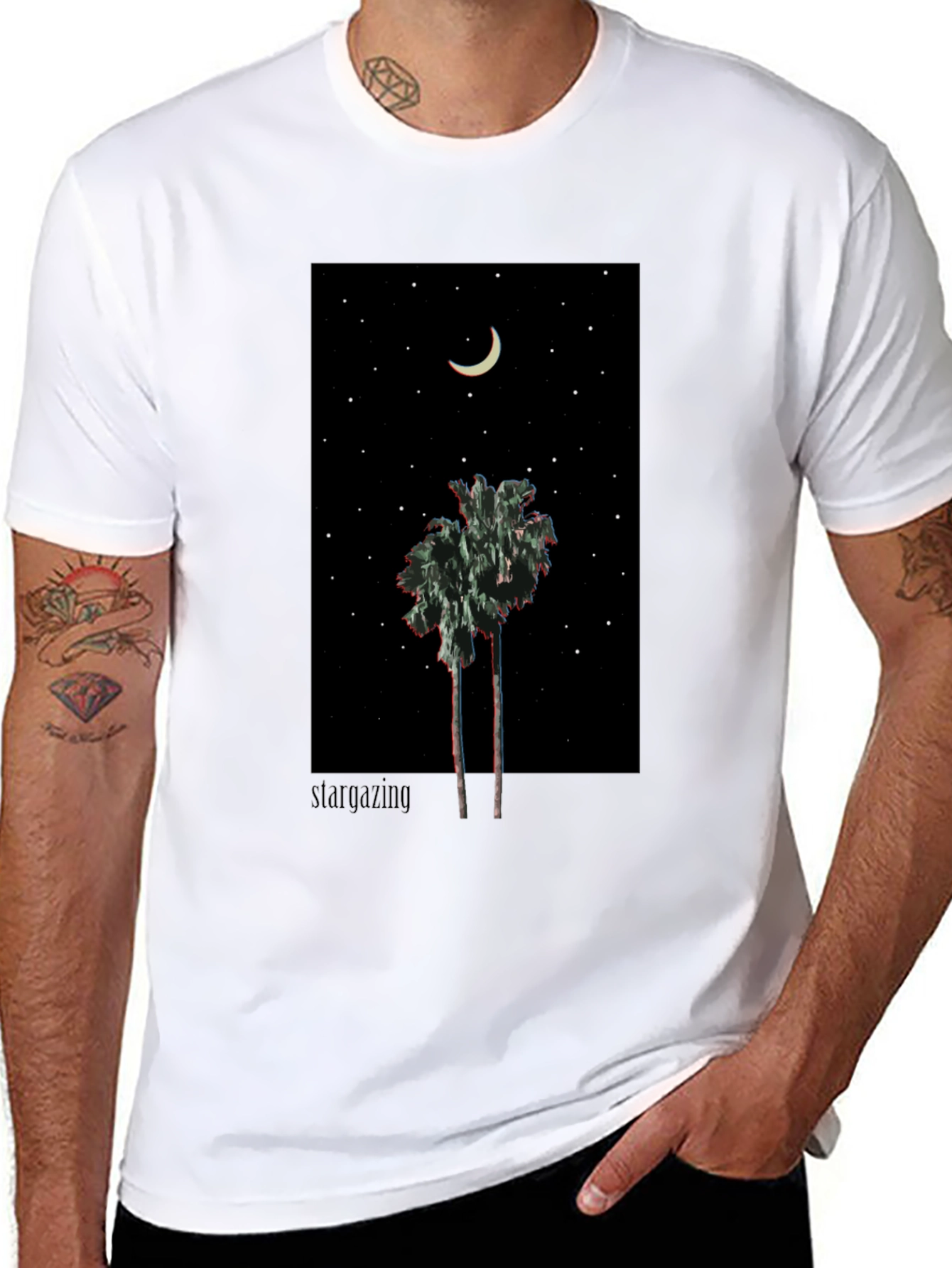 Starry Night Palm Tree Graphic Tee - Black