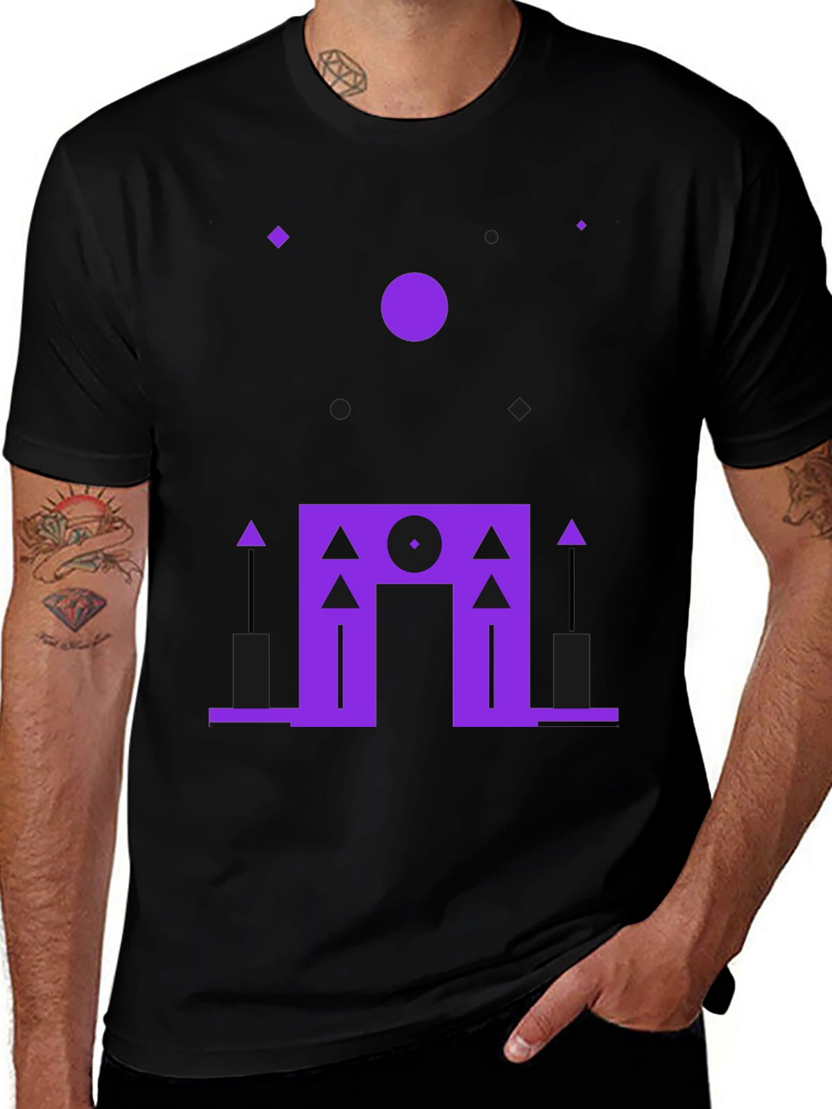 Geometric Purple Design Black T-Shirt