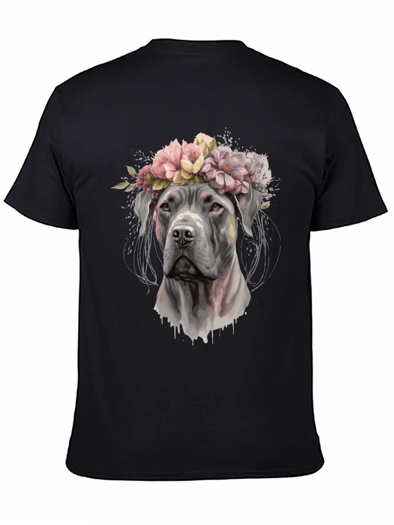 Dog with Flower Crown Black T-Shirt