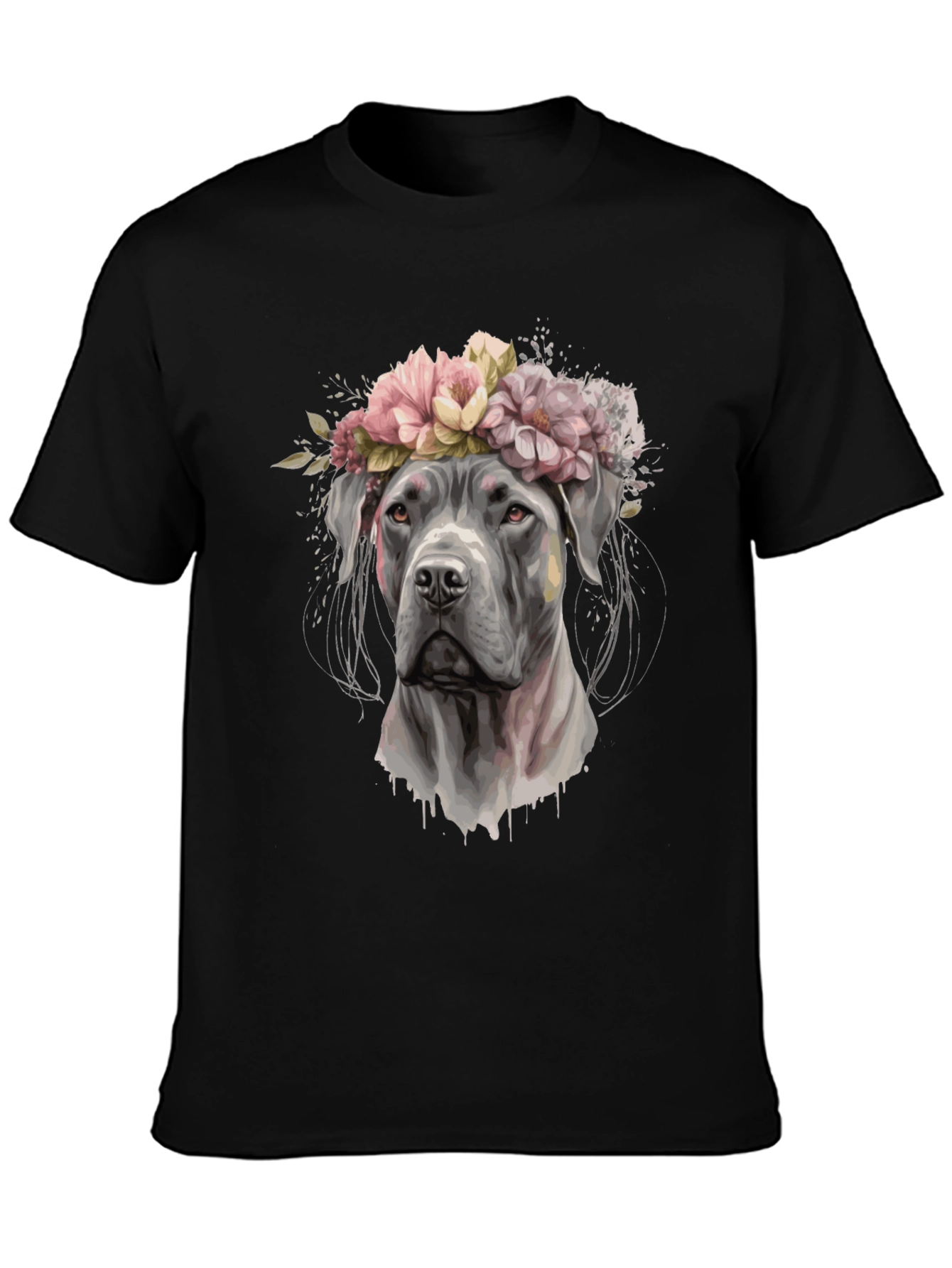 Dog with Flower Crown Black T-Shirt