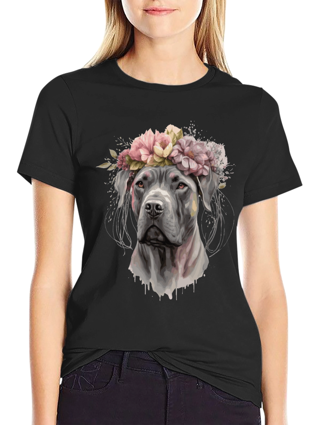 Dog with Flower Crown Black T-Shirt